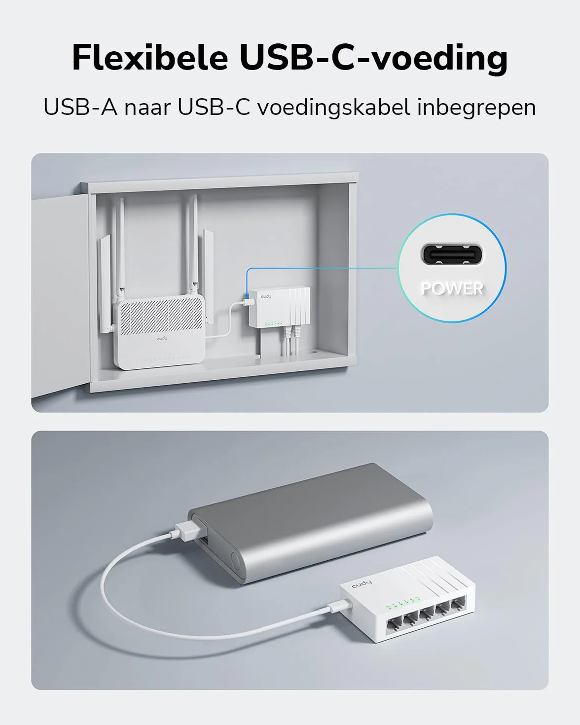 Cudy GS105U 5-portowy gigabitowy przełącznik Ethernet z gniazdem zasilania USB-C pulpit rozdzielacz Ethernet plastikowa obudowa nieekranowany przełącznik Plug & Play bez wentylatora niezarządzany