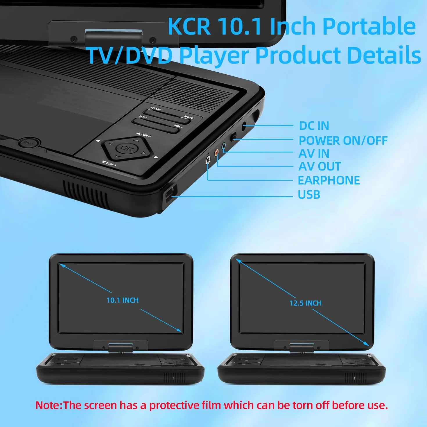 KCR Przenośny odtwarzacz DVD 10,1 cala, wbudowany telewizor DVB-T2 z obrotowym wyświetlaczem LED/USB/HDMI/AV, akumulatorem i dwoma głośnikami