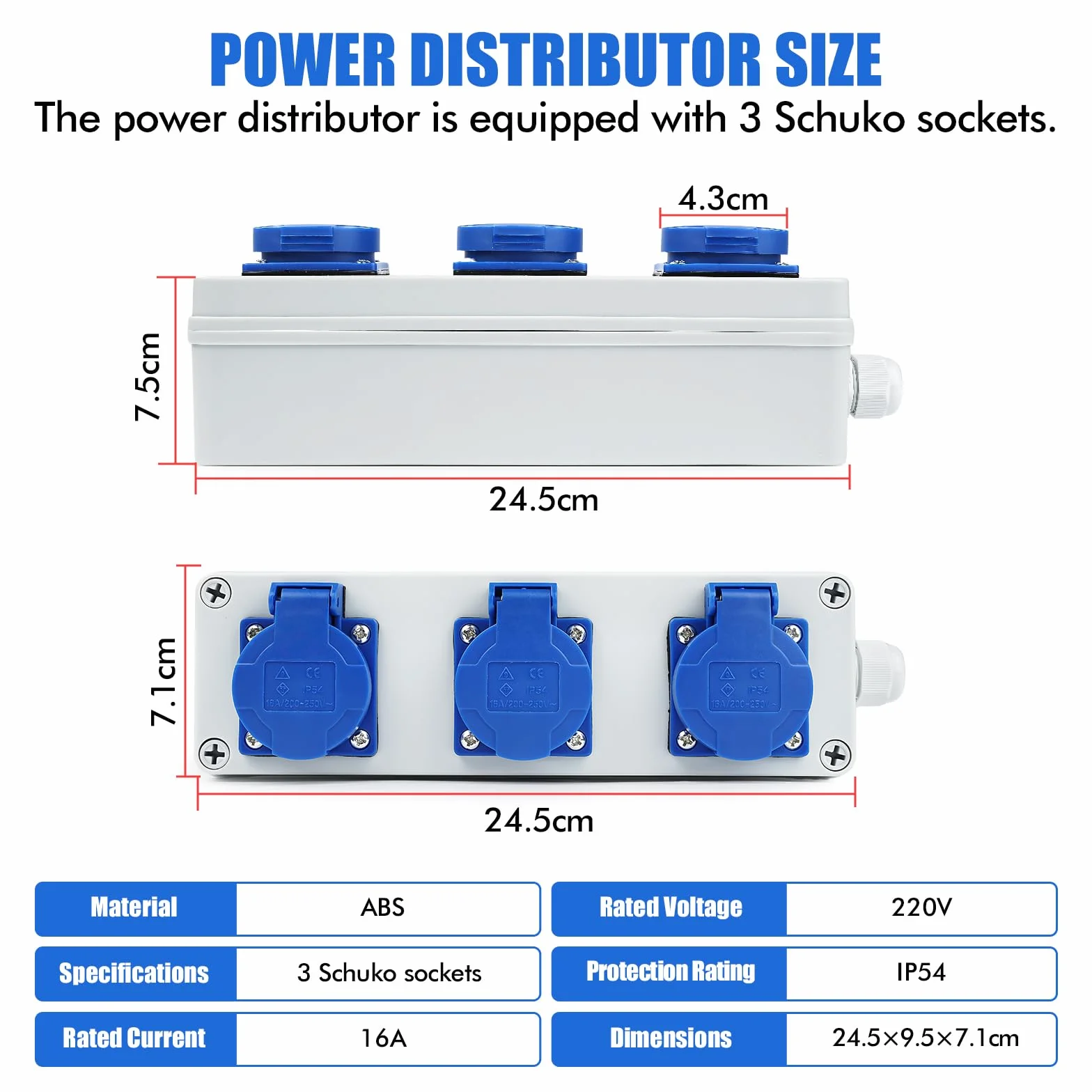 Rozdzielacz gniazdka, rozdzielacz ścienny, rozdzielacz prądu budowlanego 16 A, 3 x 220 V, gniazdo Schuko, rozdzielacz prądu na zewnątrz, wodoszczelny, IP54, nadaje się do użytku wewnątrz i na zewnątrz