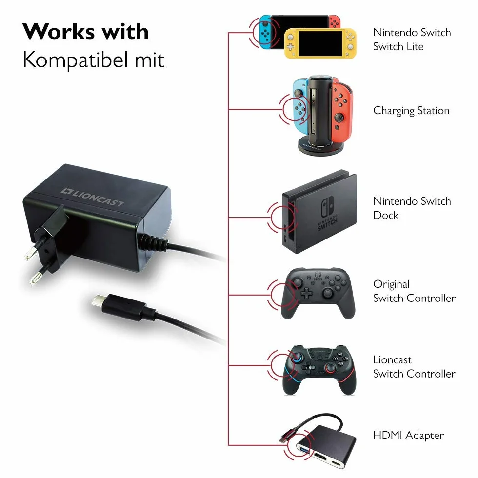Zasilacz Lioncast do przełącznika Nintendo Switch/Switch Lite z 1,8 m kablem ładującym | Ładowarka 15V przez USB-C (kontroler Pro, ręczny, tryb TV), ładuje się jak oryginalny zasilacz