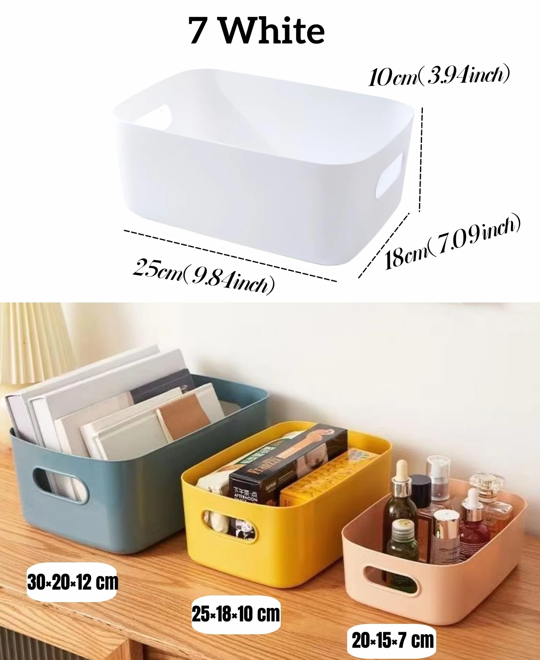 7 Plastikowy Kosz do Przechowywania z uchwytami,Pogrubiony Organizer łazienkowy Szafka Kuchenna Kosze do Przechowywania Plastikowe Pudełko do łazienki Kuchnia (Biały, 25×18×10 cm)