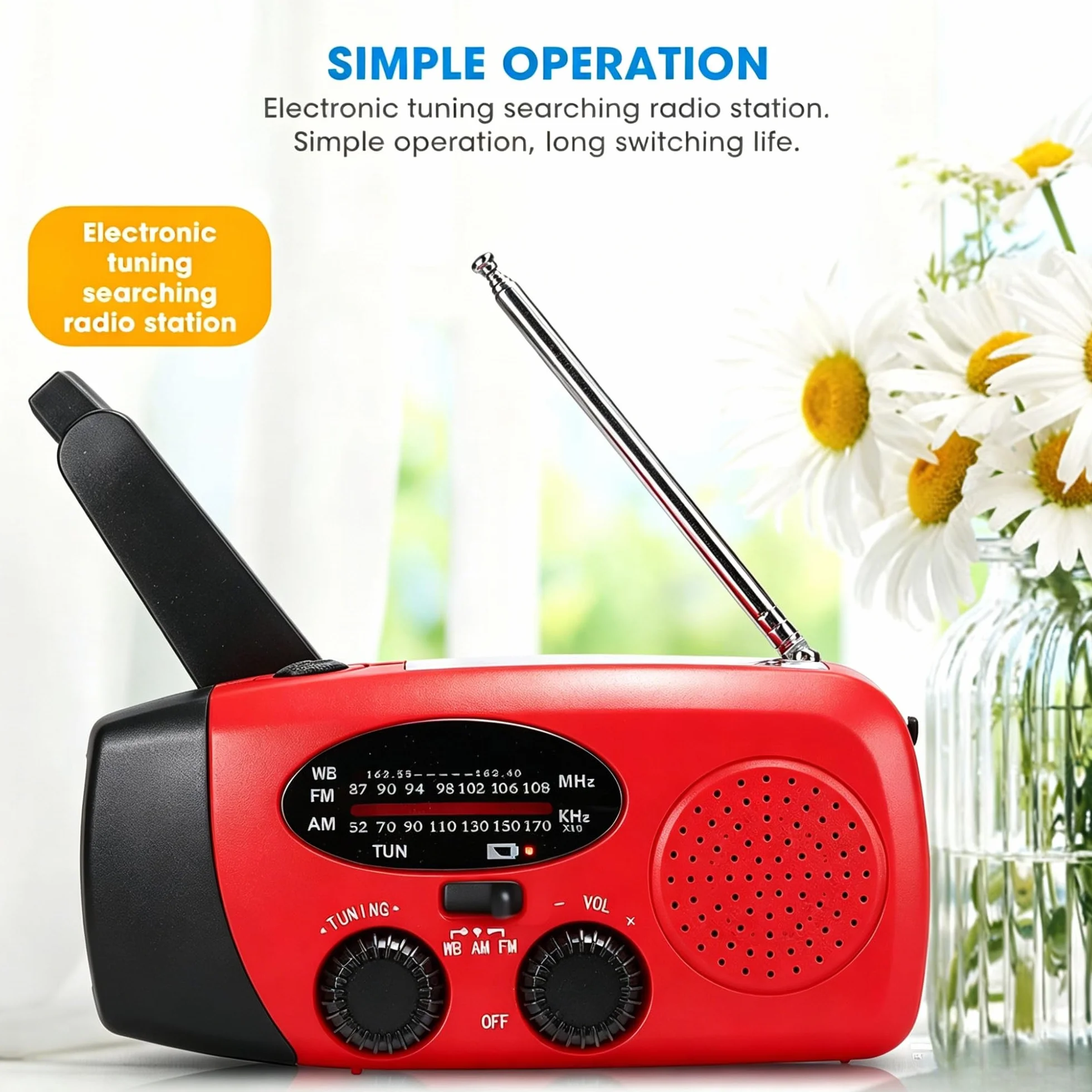 Awaryjne radio solarne z korbą ręczną, AM/FM/NOAA, z akumulatorem 2000 mAh, możliwość ponownego ładowania, na wędrówki, kemping, do użytku na zewnątrz