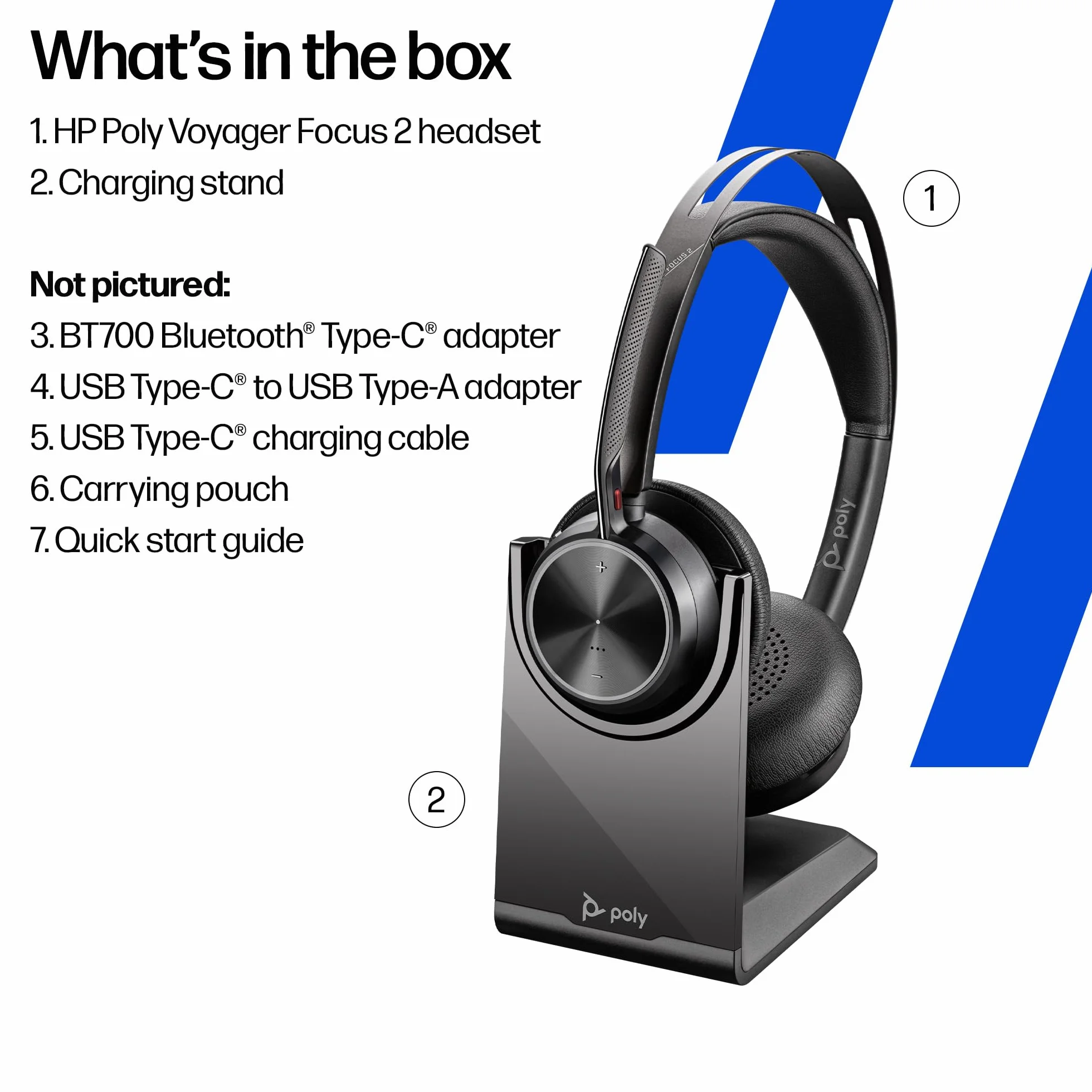 POLY Voyager Focus 2 zestaw słuchawkowy USB-C ze stacją ładującą i adapterem USB-C/A – Bluetooth, ANC, technologia Acoustic Fence, do 25 godzin rozmów, czarny