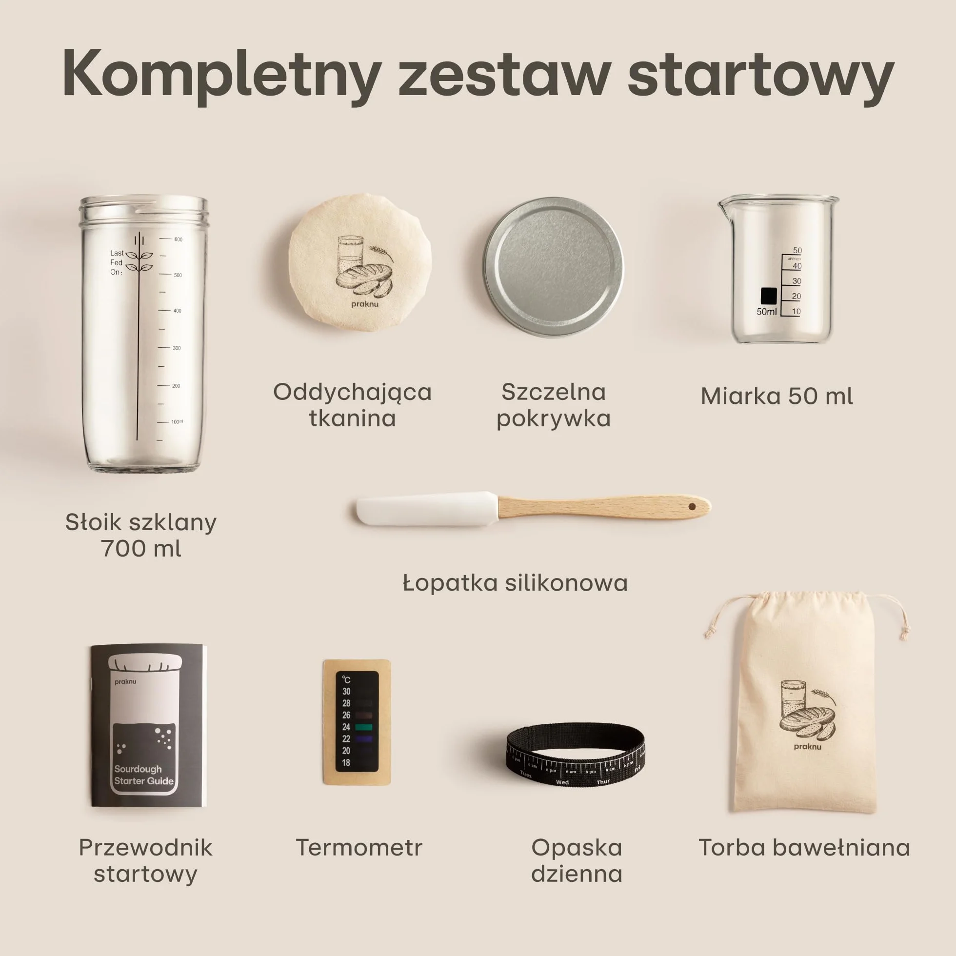 Praknu Zestaw Startowy do Zakwasu ze Szkła (700ml) Kompletny zestaw z przewodnikiem dla początkujących & pieczenie w domu – Idealny na prezent