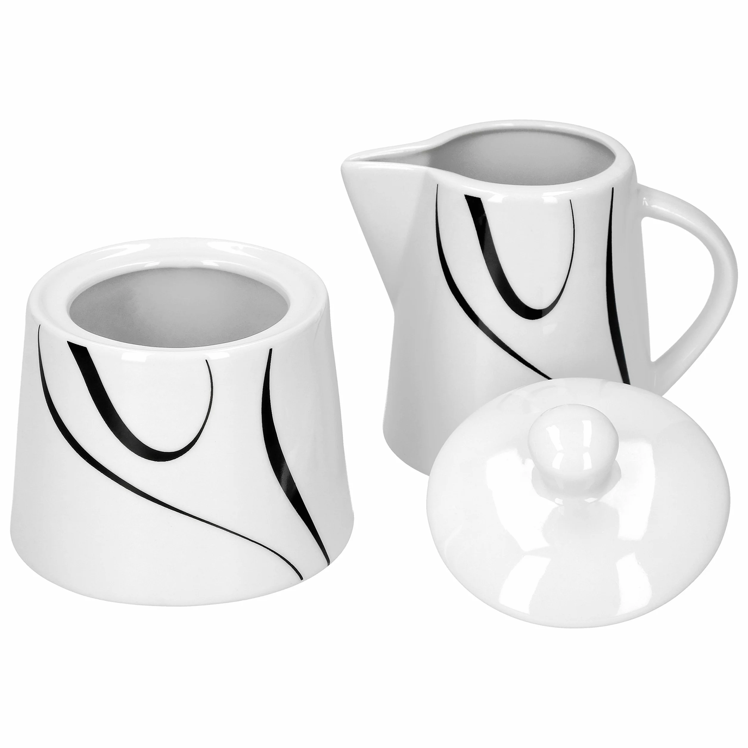 Van Well Galaxy 2-częściowy zestaw cukiernicy z pokrywką, Ø 95 mm + dzbanek na mleko, 220 ml, dekoracja liniowa szlachetna markowa porcelana