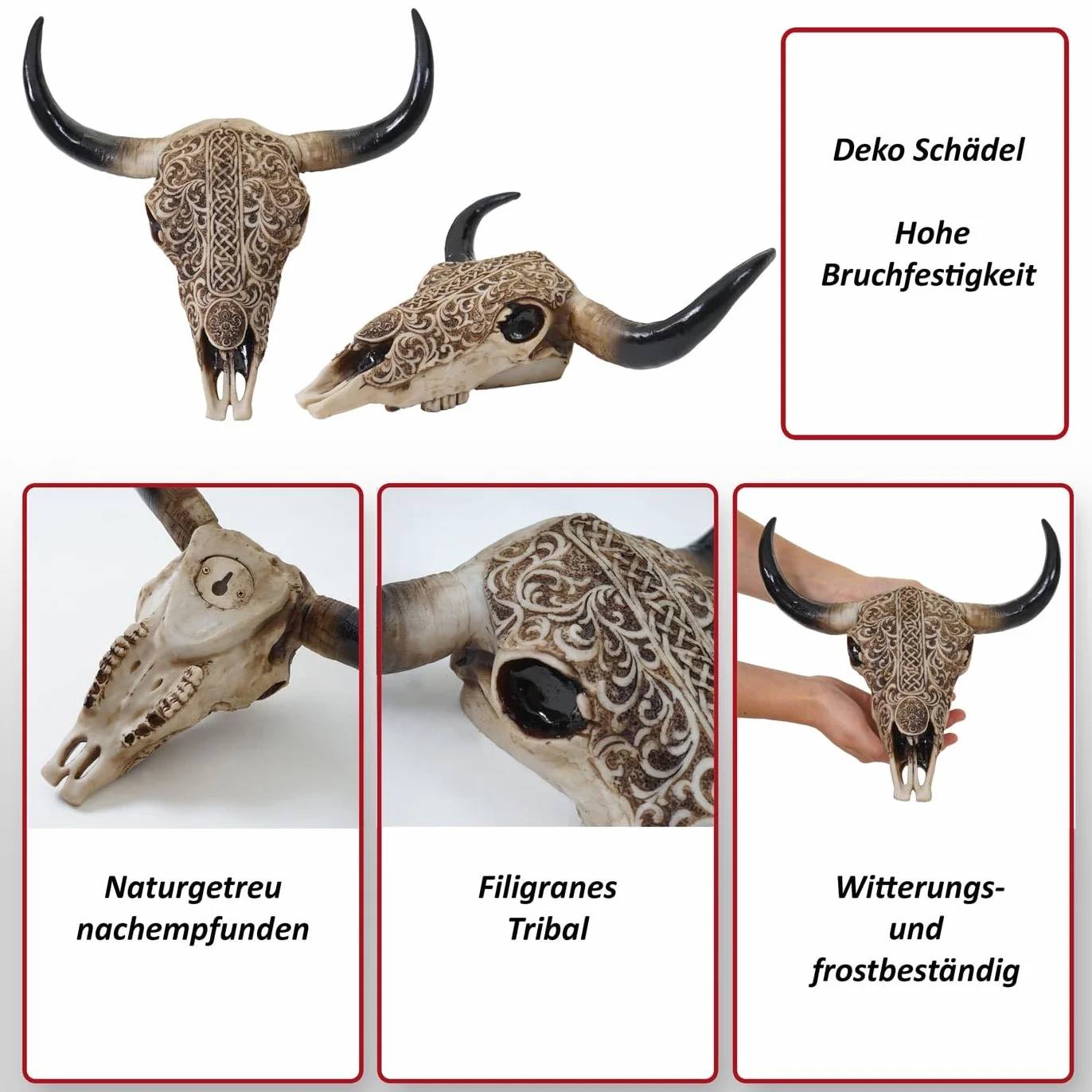 Mendler Dekoracyjna czaszka 31 cm HWC-C15 żywica poliestrowa byk longhorn trofeum głowa