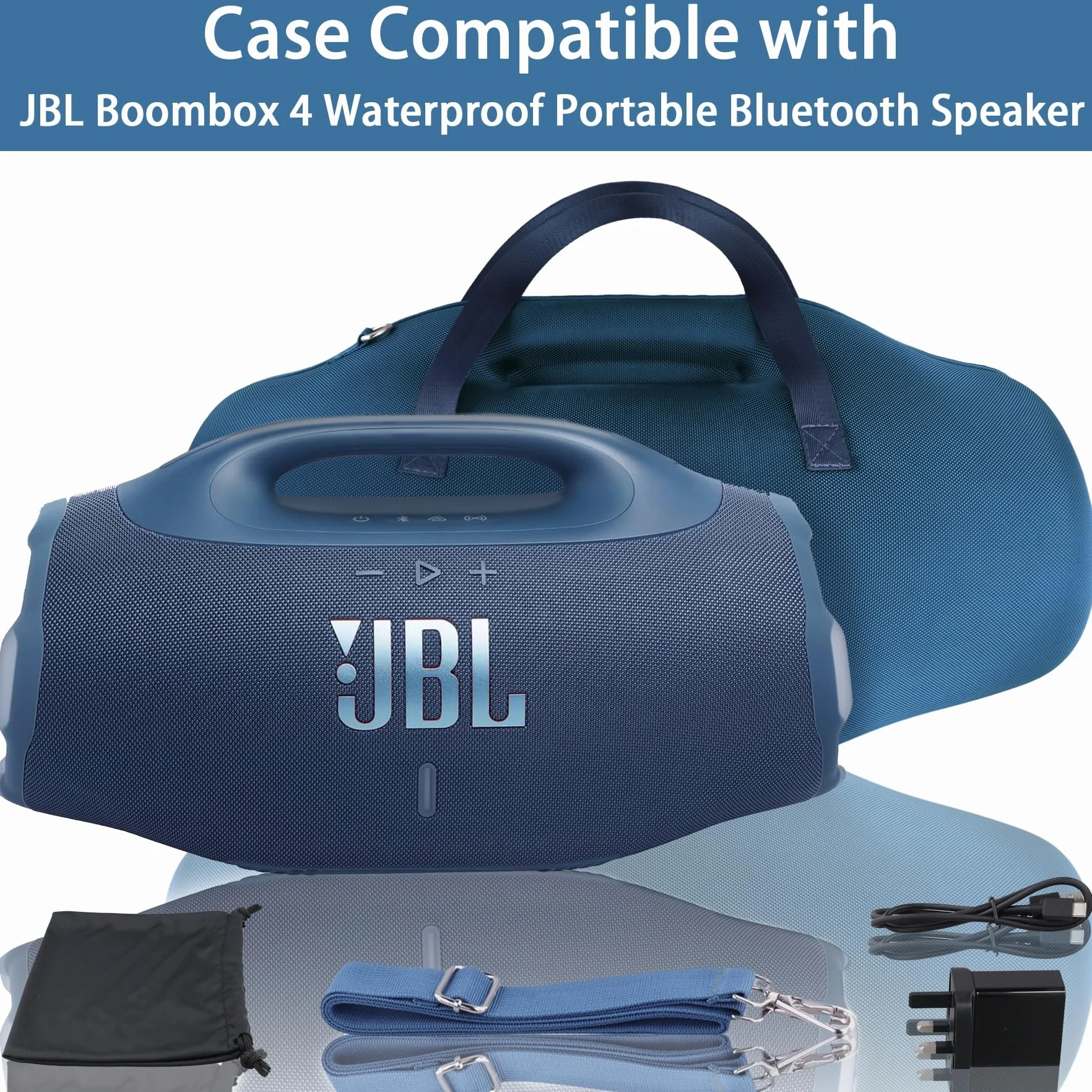 co2CREA Twarde etui podróżne z mini torbą na akcesoria i paskiem na ramię do głośnika Bluetooth JBL Boombox 3 WiFi/Boombox 2, NIEBIESKI, Fits JBL Boombox 4, Nowoczesny