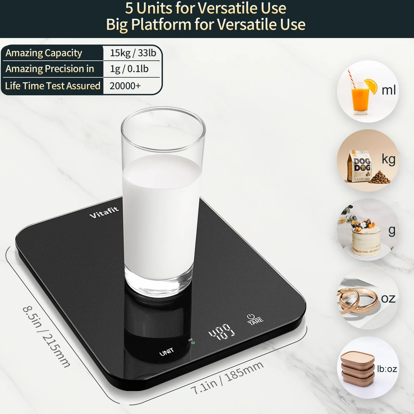 Vitafit Waga spożywcza o wysokiej precyzji 1 g, nasza własna waga kuchenna profesjonalna fabryka od 2001 roku, cyfrowa waga do gotowania i pieczenia, LED, 3 x bateria AAA, spray srebrno-czarny