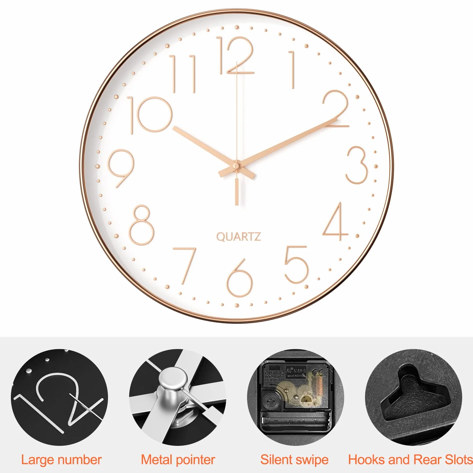 Mesybveo Zegar ścienny 30 cm (12 cali) nowoczesny cichy zegar ścienny, cichy mechanizm kwarcowy nowoczesny, minimalistyczny design, czarny, do salonu, kuchni, biura, sypialni (złoty)