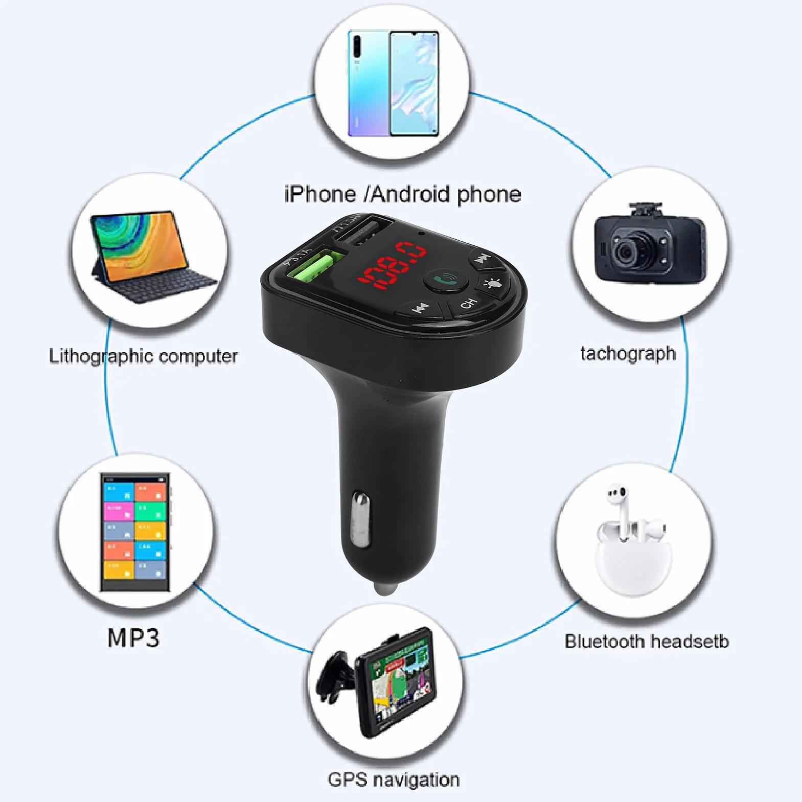 Samochodowy Nadajnik FM Bluetooth, Samochodowy Nadajnik FM Bluetooth 5.0 Odtwarzacz MP3 USB2.0 Ładowanie Telefonu z Kolorowym Oświetleniem Otoczenia, do Jazdy