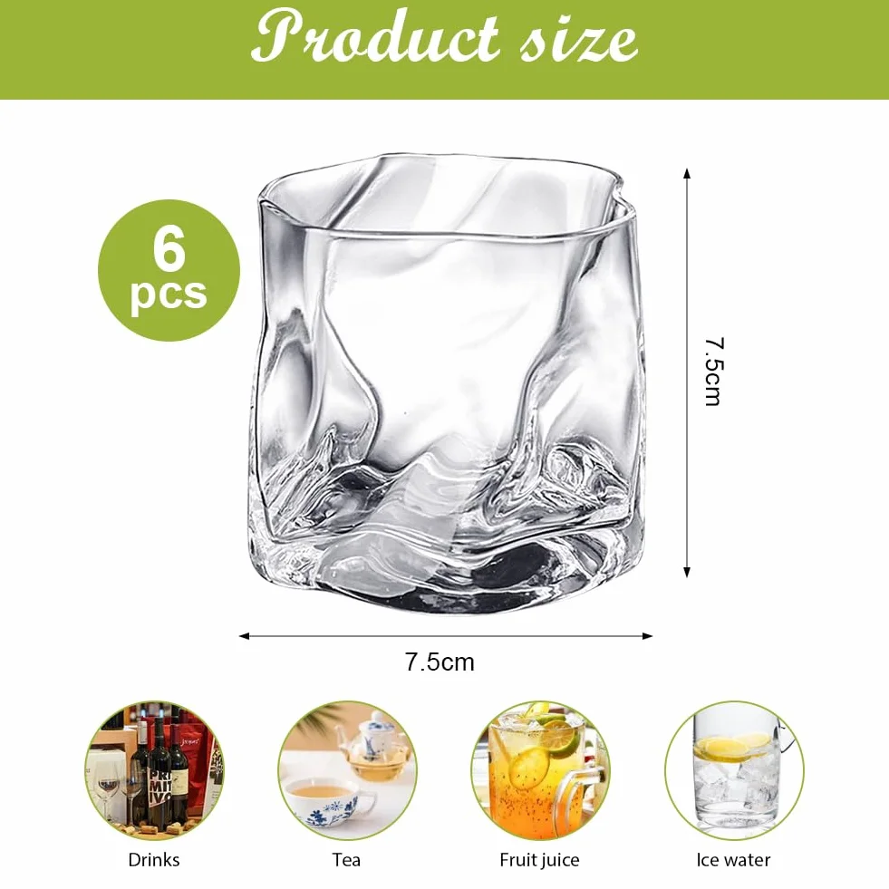 Szklanki do whisky, zestaw 6 sztuk, 200 ml, przezroczyste, nieregularne kryształowe szklanki do whisky, szklanki do mrożonej kawy, koktajli, koktajli, whisky, prezent dla mężczyzn