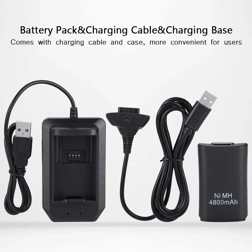Xbox 360 zestaw akumulatorów do kontrolera, 2 x akumulatory NiMH 4800 mAh ze stacją ładującą, kablem do ładowania USB, 2 obudowy baterii, czarny