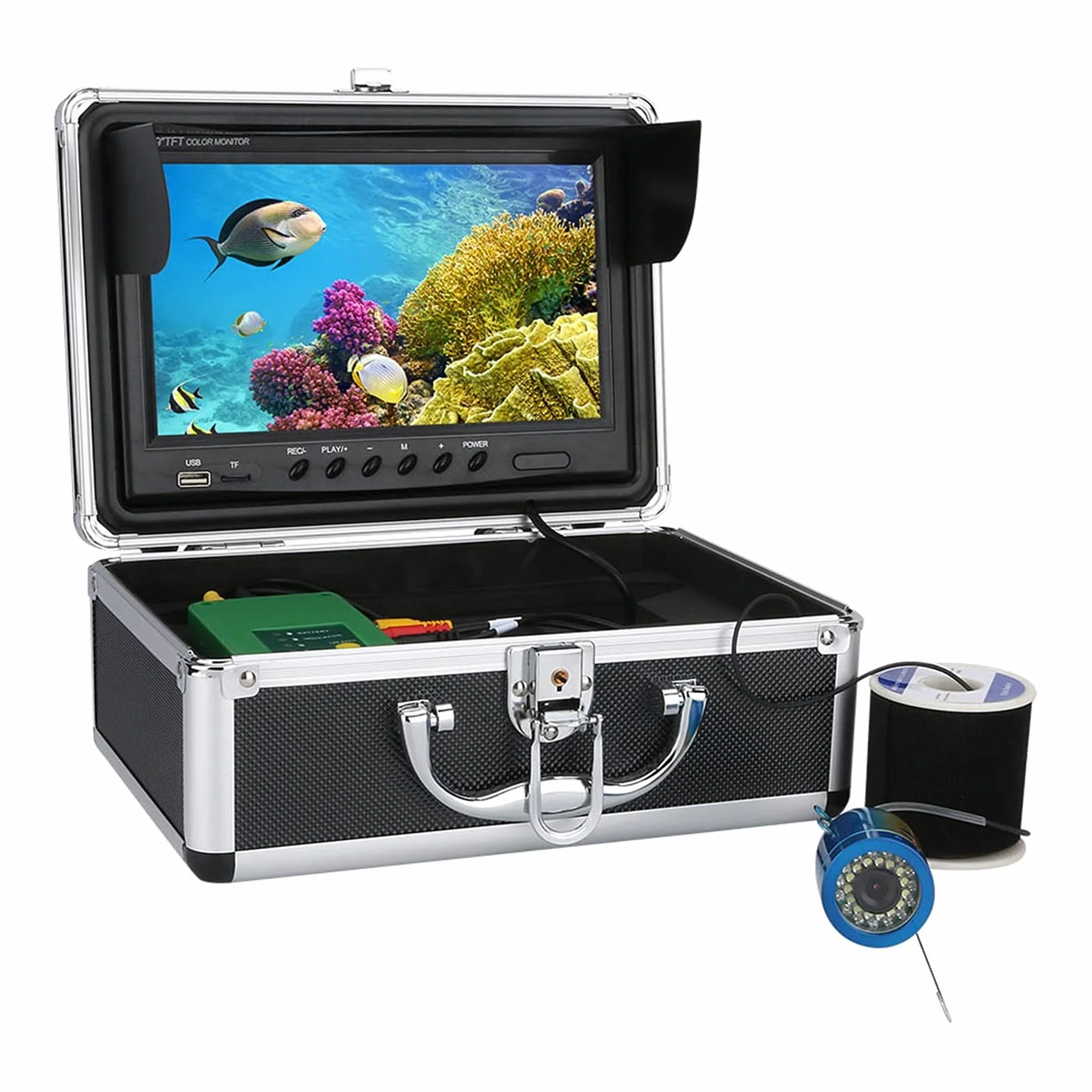 Podwodna Kamera, 9 cali DVR. Fisher Fisher 100. 0TVL. Podwodna nagrywanie Kamera połowowa 15 sztuk biały LE DS Plus 15 sztuk Lampa na podczerwień,Echosonda(30M Cable)