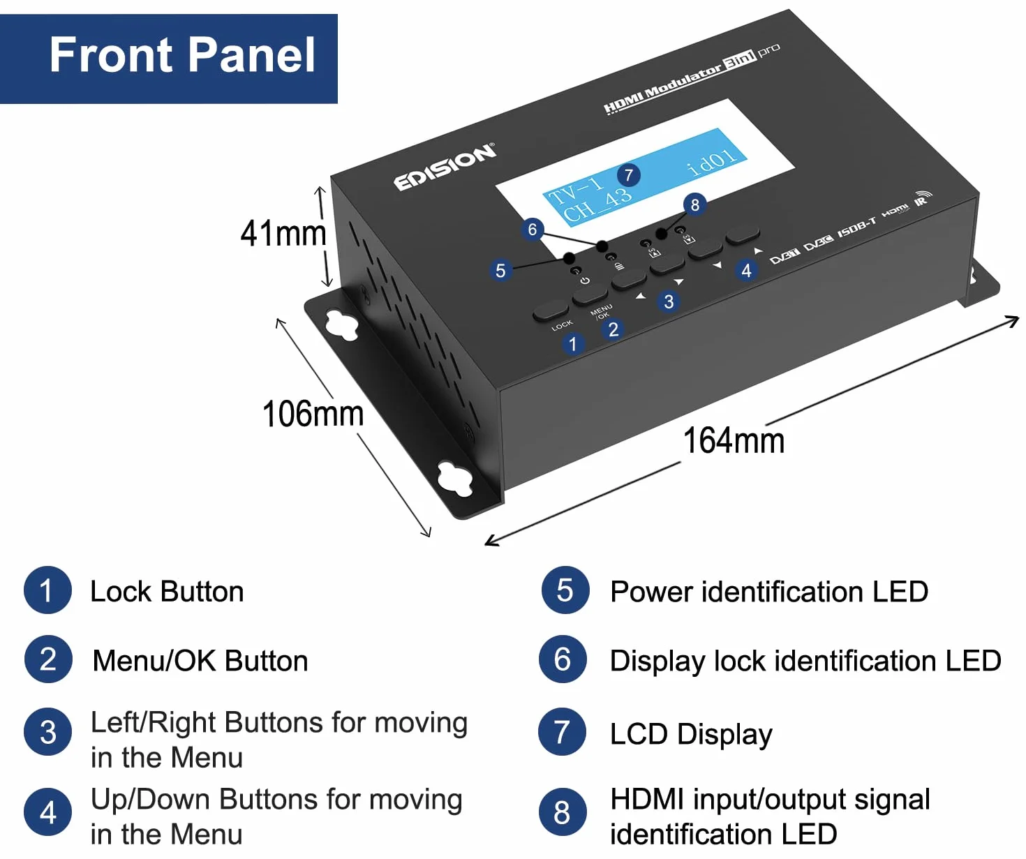 Edision HDMI Modulator 3w1 Pro, DVB-T, ISDB-T lub DVB-C, dystrybucja Full HD, HDMI-Loop, RF in, wyświetlanie LCD, szybka instalacja, Plug & Play