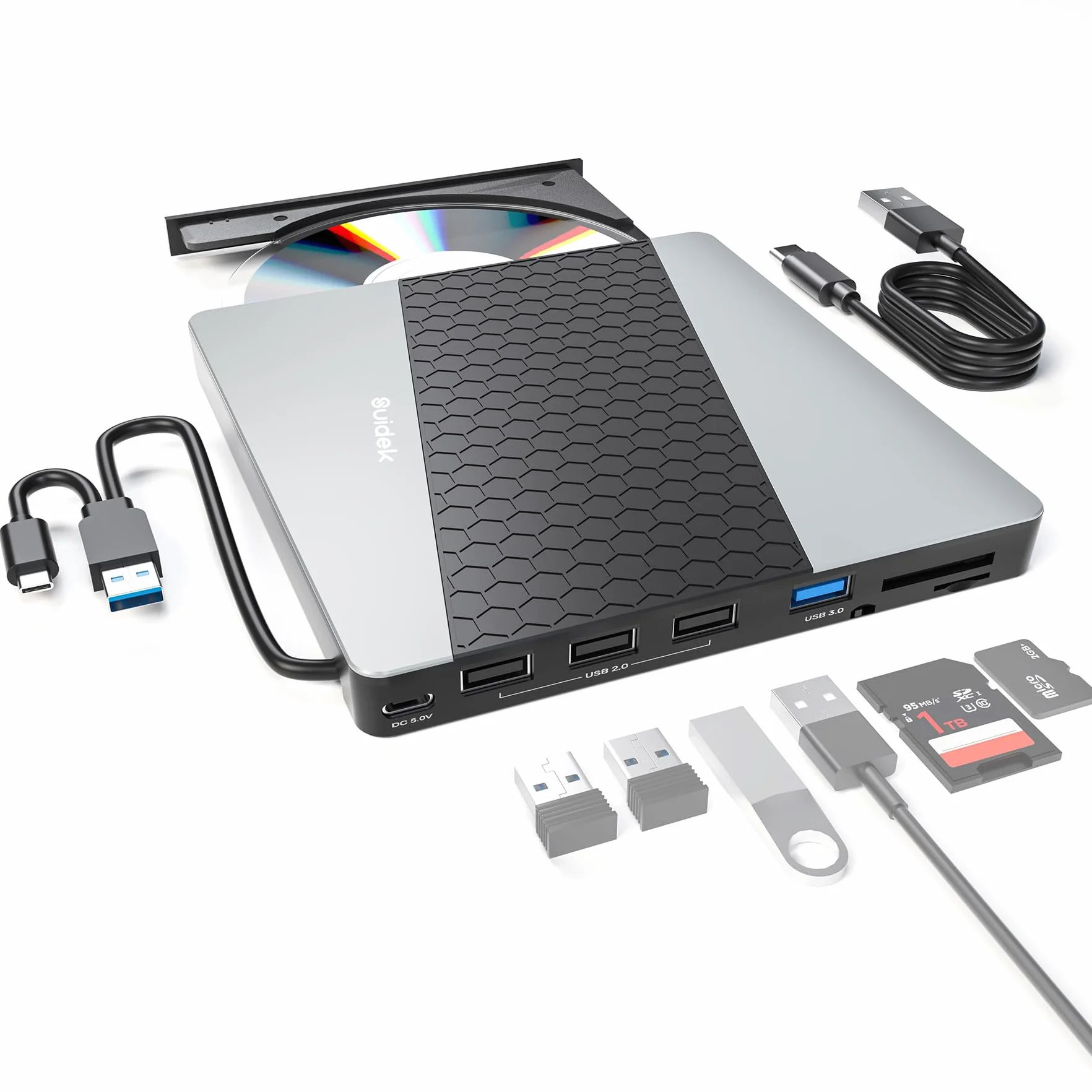 SUIDEK Zewnętrzny napęd CD/DVD, USB 3.0 USB C, przenośny odtwarzacz CD DVD +/-RW, odtwarzacz DVD z czytnikiem kart SD/Micro SD, koncentrator 7 w 1, kompatybilny z laptopem, komputerem stacjonarnym,