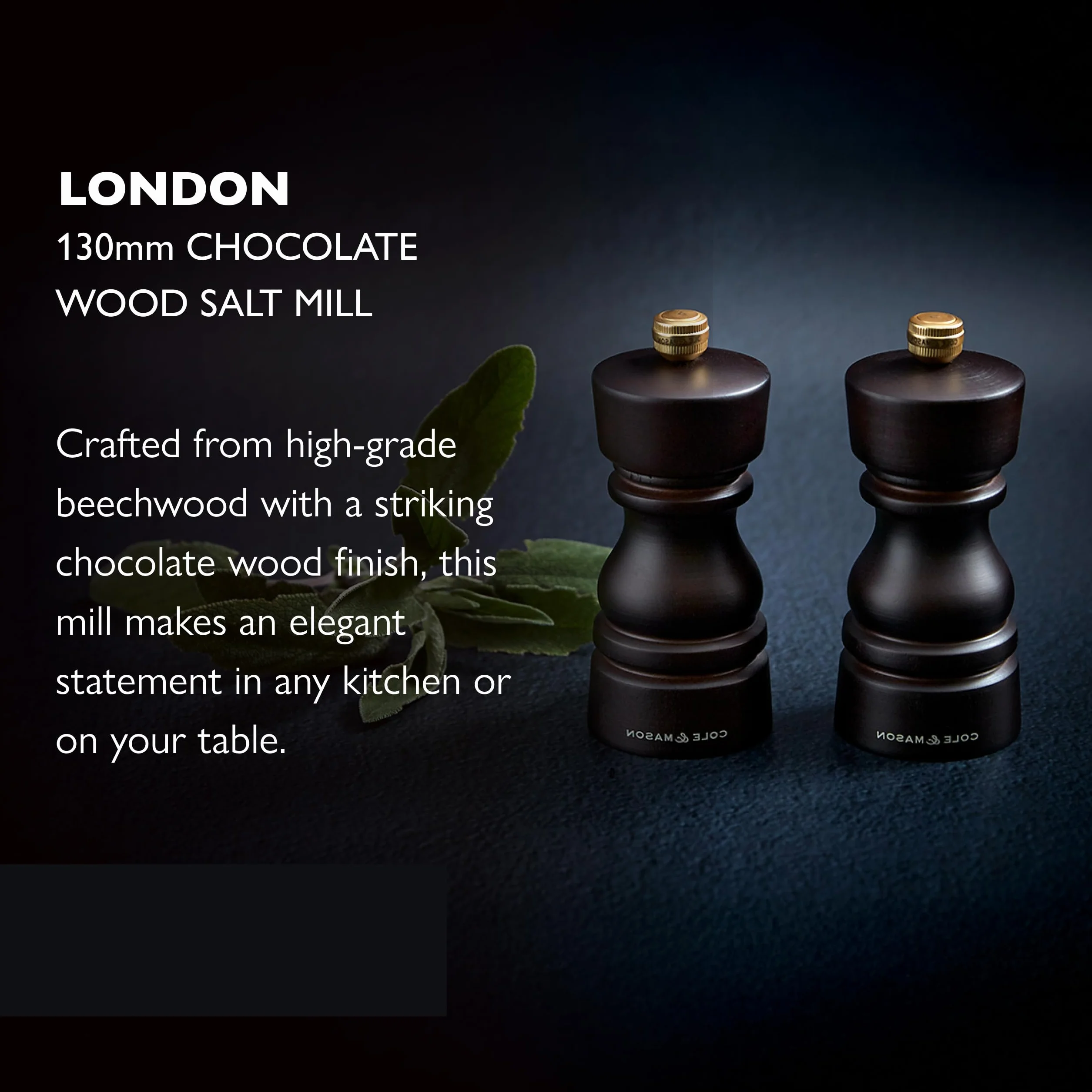 Cole & Mason H233015 London Młynek do soli z drewna czekoladowego, niekorodujący mechanizm ceramiczny, młynek do soli z regulowanym mieleniem, drewno bukowe, 130 mm, młynek do przypraw, mechanizm