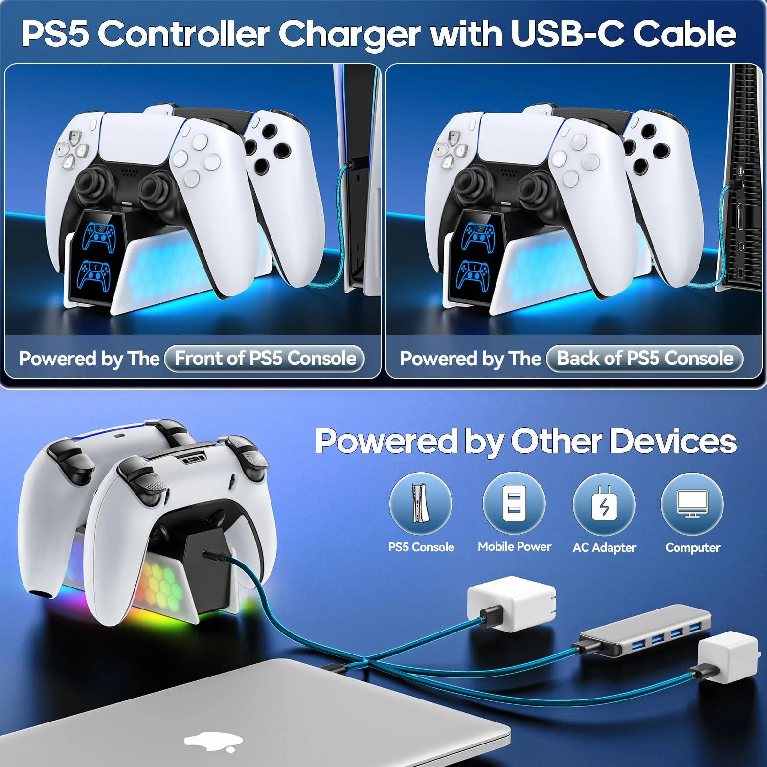 KDD Stacja ładująca do kontrolera PS5 i PS5 Edge, ładowarka z wskaźnikiem LED, akcesoria do Playstation 5 z kablem USB-C