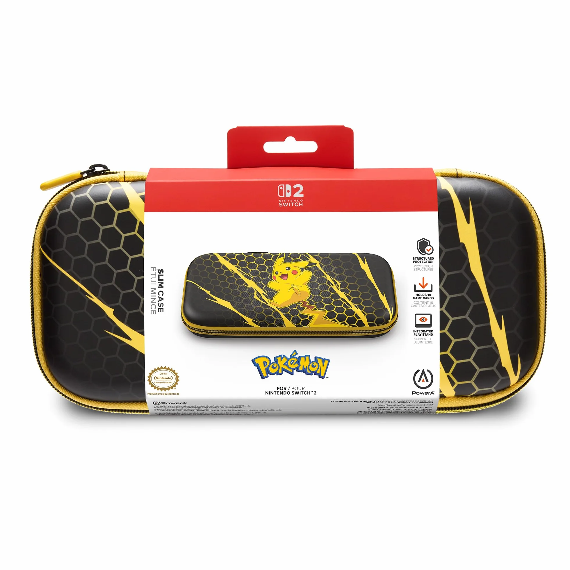 Etui PowerA Slim do Nintendo Switch 2 - Pokémon Pikachu Burza, oficjalna licencja, etui ochronne dla konsoli Switch, miejsce na 10 kart z grami, wyściełana osłona ekranu, wbudowana podstawka do gry