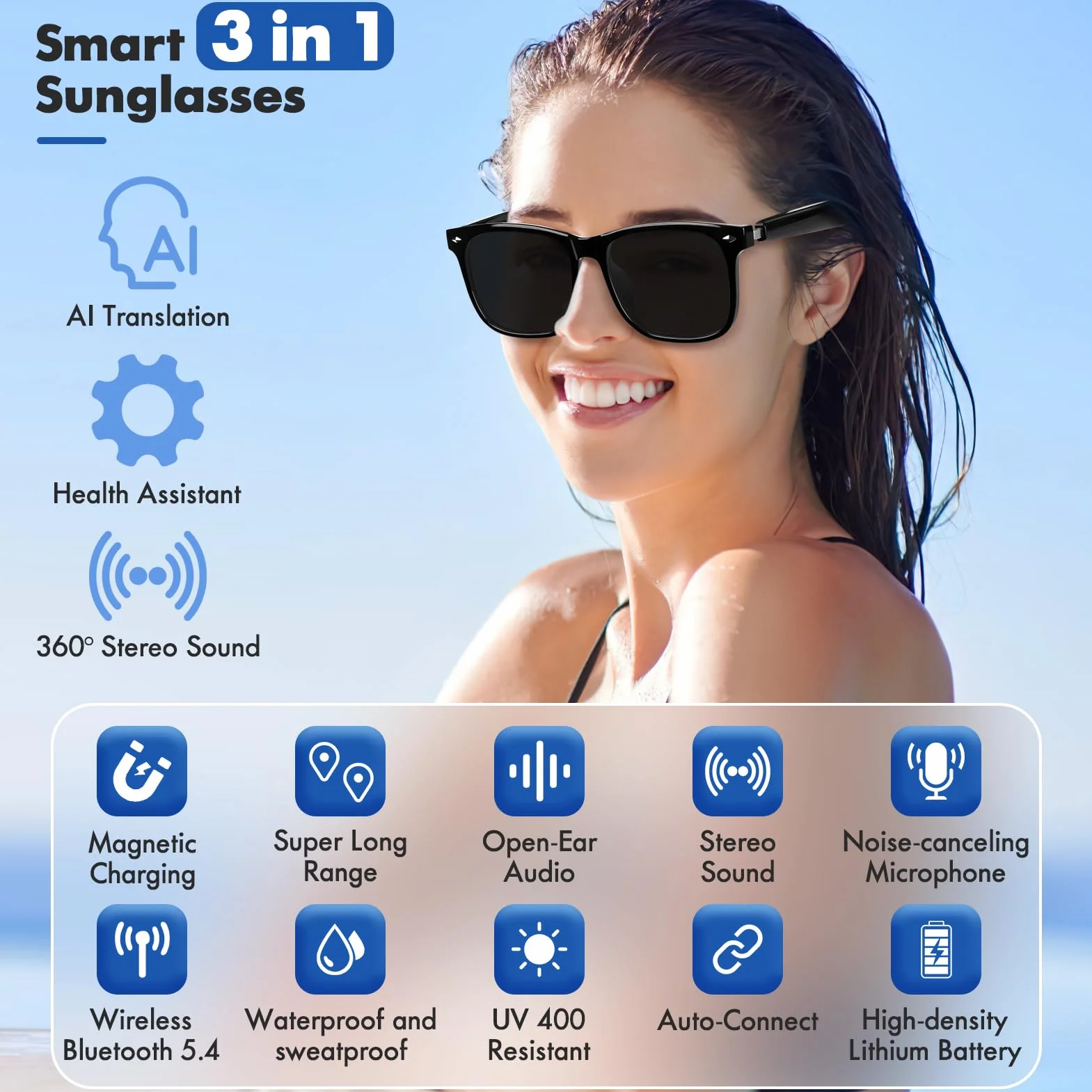 Inteligentne okulary Bluetooth, głośnik, 115 języków, tłumaczenie w czasie rzeczywistym, ochrona przed promieniowaniem UV, polaryzacyjne soczewki, dla mężczyzn i kobiet, do gier, spotkań