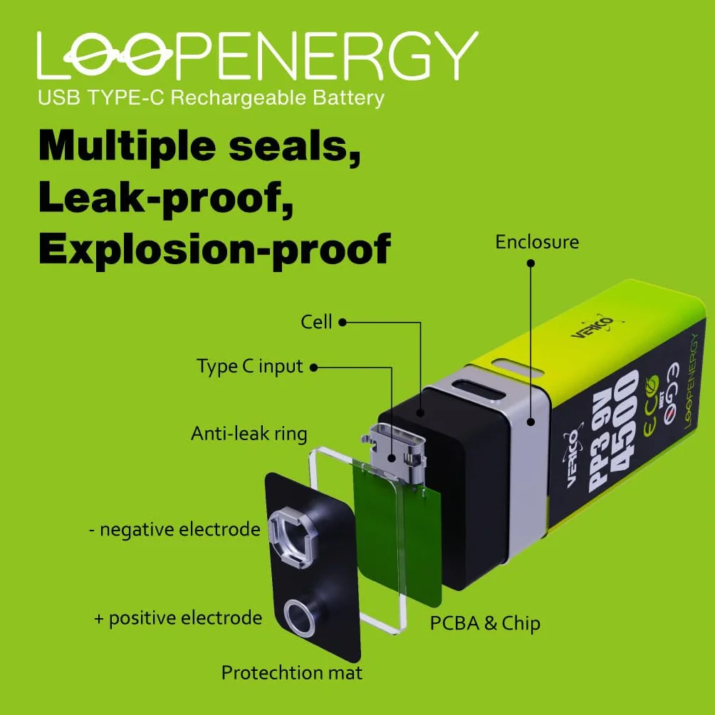Verico LoopEnergy blok 9 V, 2 sztuki, PP3, 4500 mAh, akumulator USB-C, litowo-jonowy, 1 kabel do ładowania USB typu A na 2 x typ C
