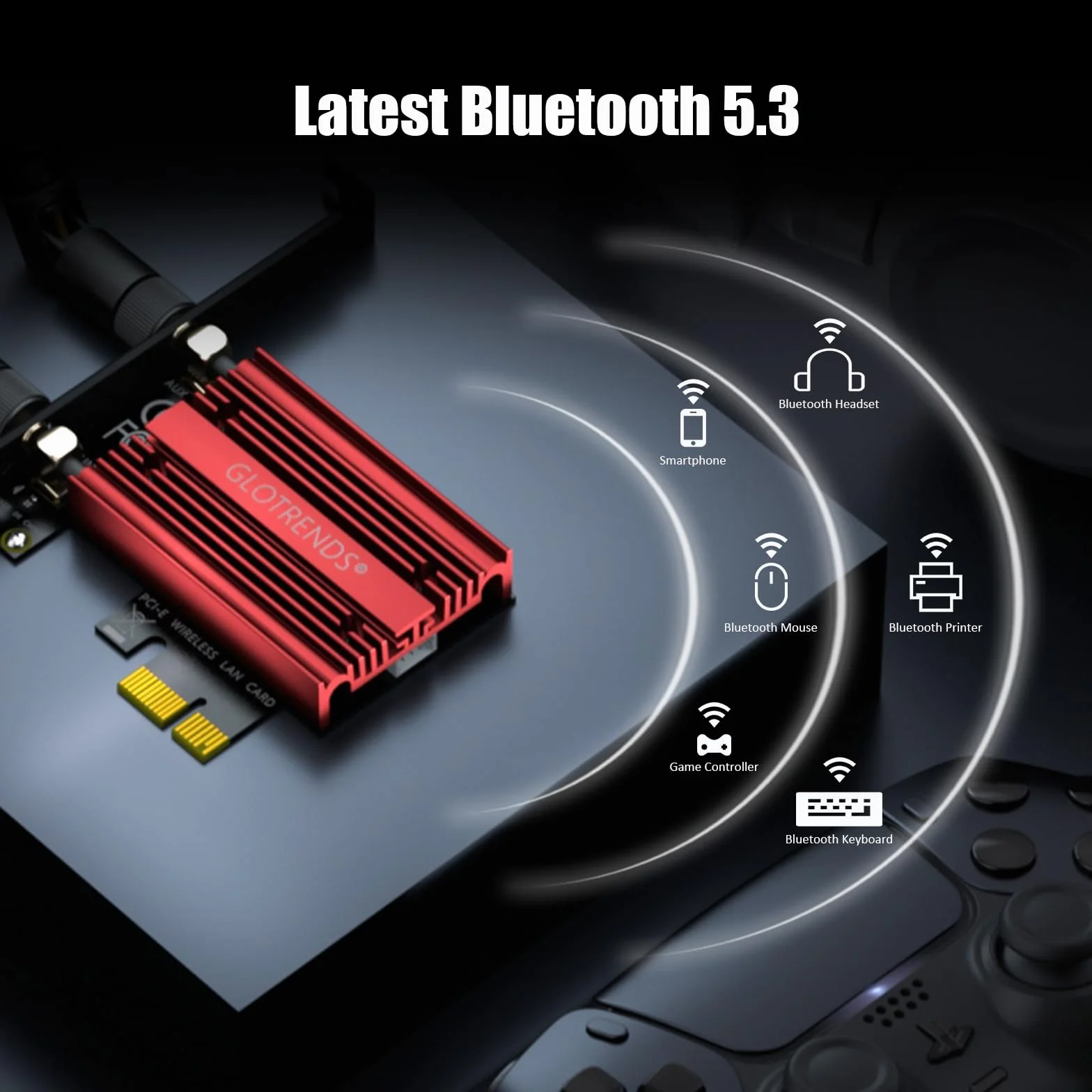 GLOTRENDS AX5400 WiFi 6E Karta PCIe z niskoprofilowym uchwytem do komputera stacjonarnego, chipset Intel AX210, 802.11ax, Bluetooth 5.3, obsługa Windows 11/10/Linux, nie obsługuje Mac OS/Windows 7/XP