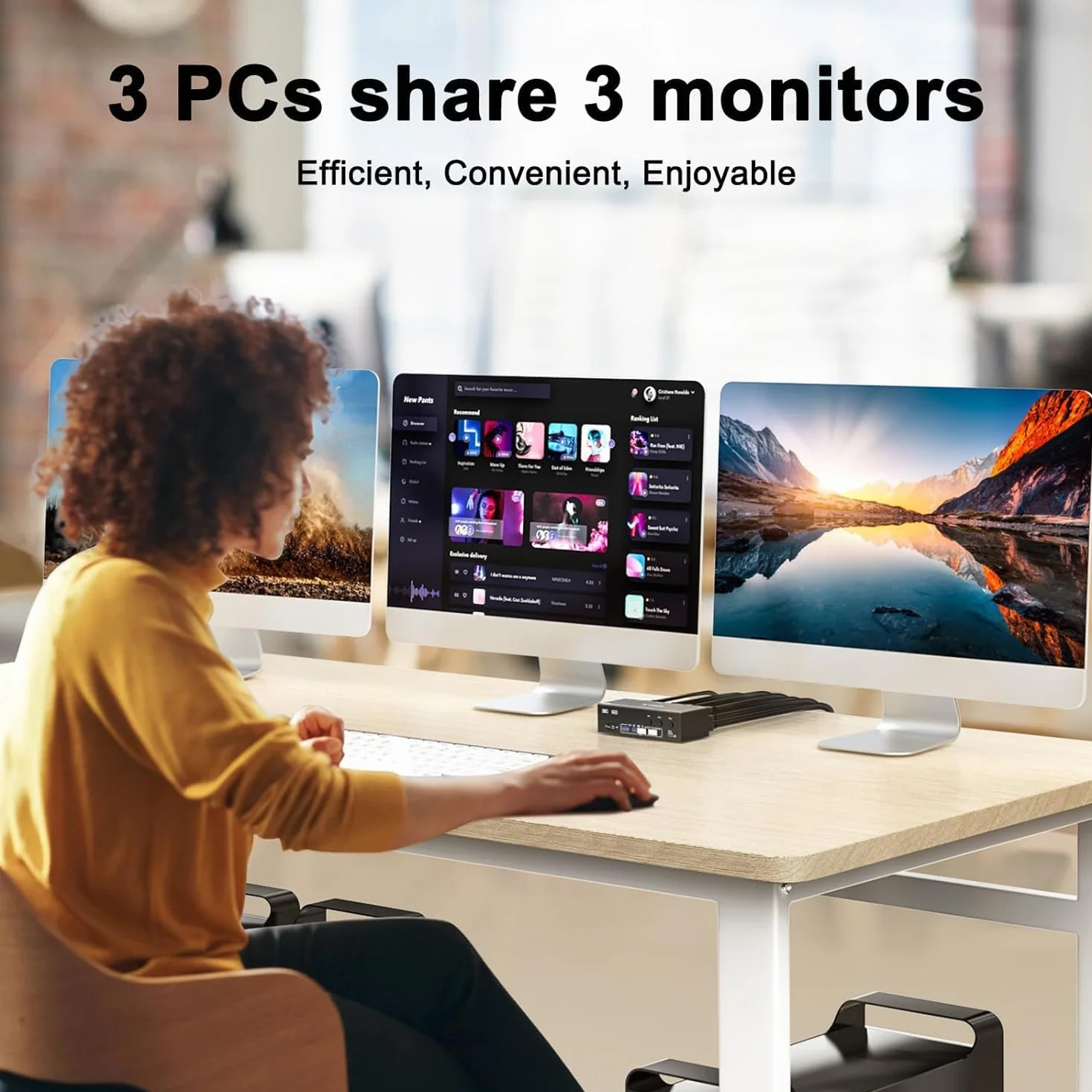 Przełącznik KVM 3 monitory 3 komputery 8K przy 60 Hz 4K przy 144 Hz, Camgeet HDMI+2 Displayport Przełącznik KVM Potrójny monitor dla 3 komputerów 3 monitory i 4 urządzenia USB 3.0, przewodowy pilot