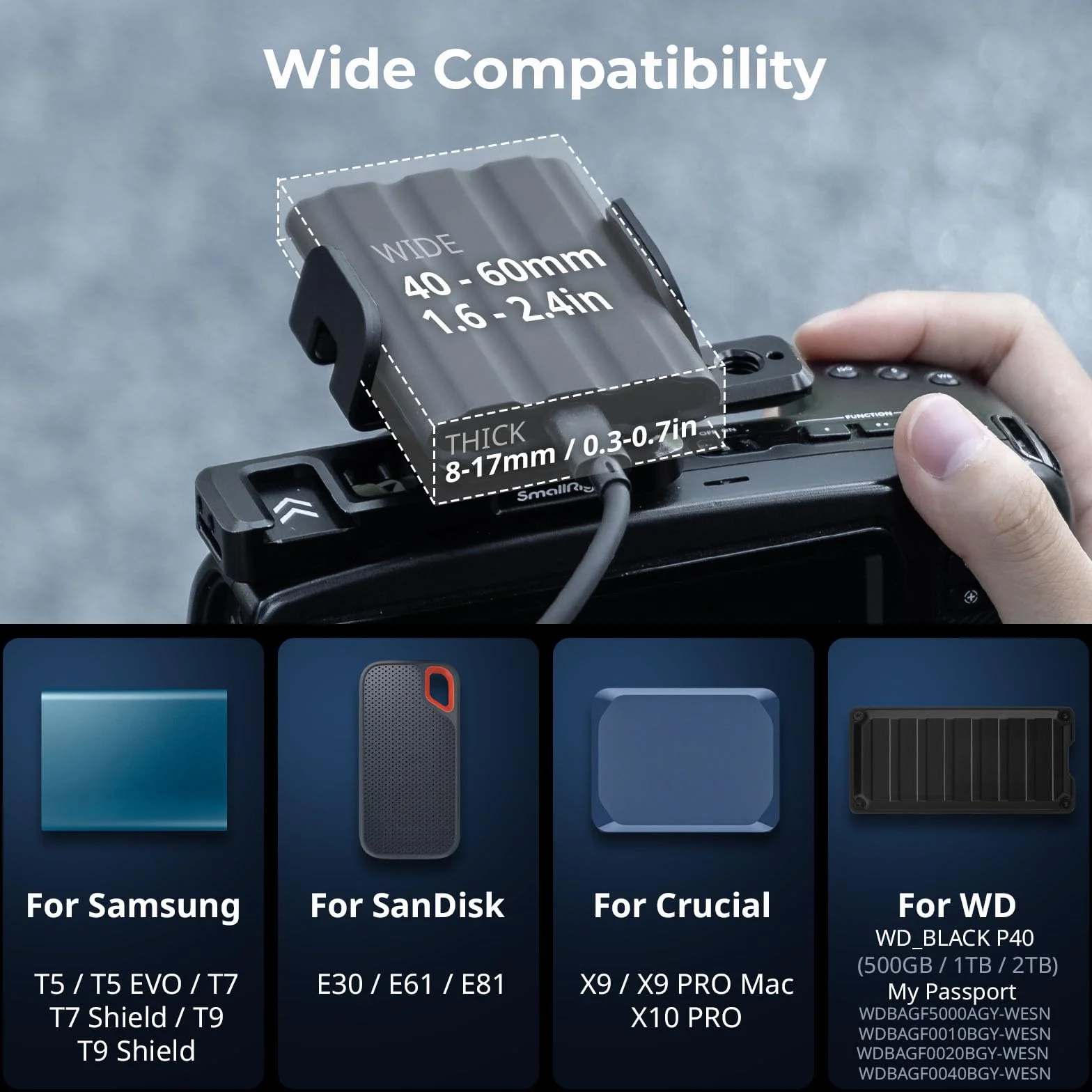 SMALLRIG Uchwyt mocujący do telefonu SSD, 1,6-2,4 cala szerokości, zacisk, do Samsung T5 T7 SSD, do SanDisk SSD, do MagSafe do iPhone'a 16/15/14/13/12, uniwersalny uchwyt dysku SSD - 5397