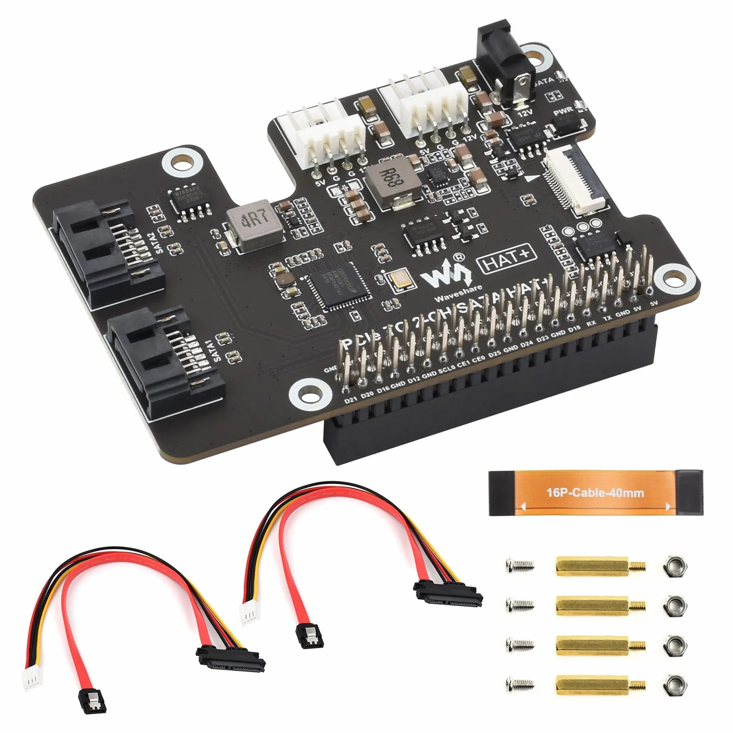 Waveshare PCIe To 2-Ch SATA Adapter For Raspberry Pi 5, Supports SATA Hard Drive Protocol, Onboard Dual LED Indicators And EEPROM, HAT + Standard, Driver-Free, Plug And Play