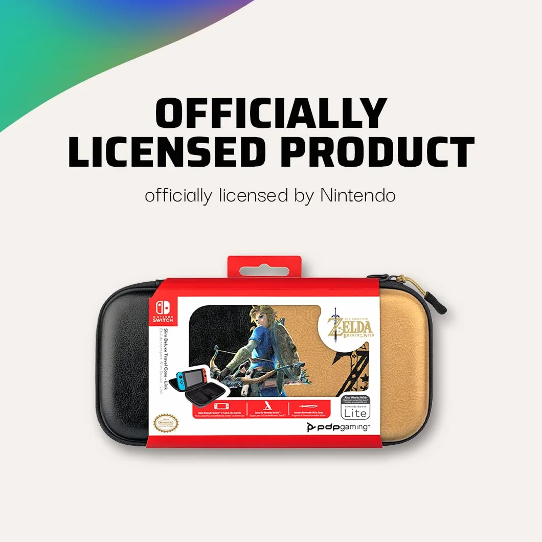 PDP Gaming Oficjalnie Licencjonowany Switch Slim Deluxe Travel Case - Zelda Breath of the WIld - Semi-Hardshell - Console Stand - Protective PU Leather - Holds 14 Games - Works z Switch OLED and Lite