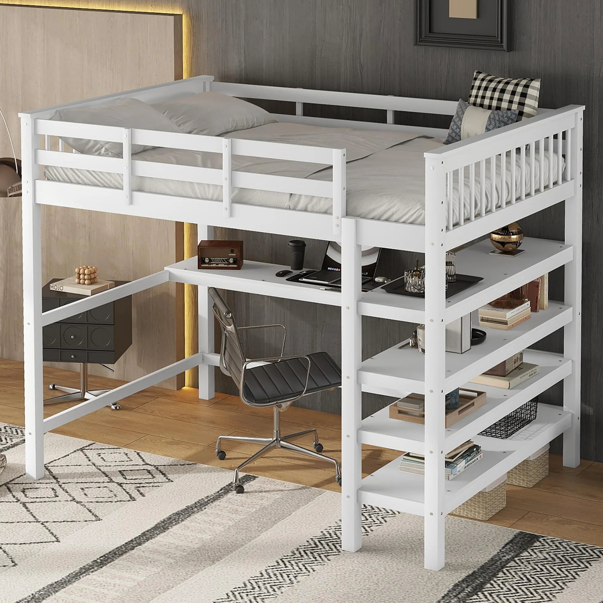 Łóżko piętrowe sosnowe MDF 140x200 cm z biurkiem i kieszeniami mocującymi białe szare