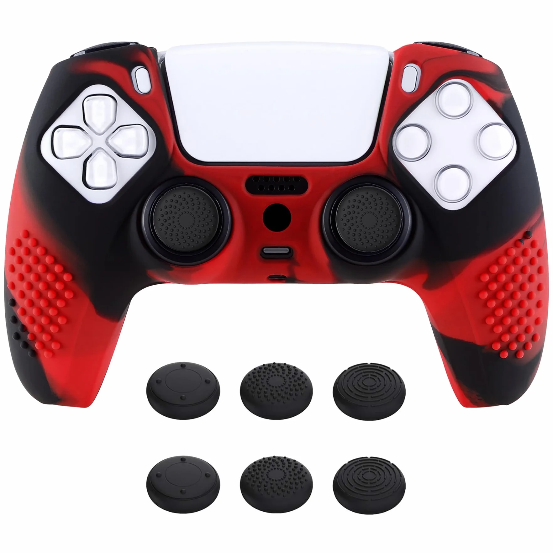 eXtremeRate PlayVital Antypoślizgowe Pokrowiec Ochronny do ps5 Kontrolera,Gumowe Ochraniacz Skóry do ps5,Silikonowe Etui z 6 szt Nakładkami Joysticka-Czerwony & Czarny(3D Studded Edition)