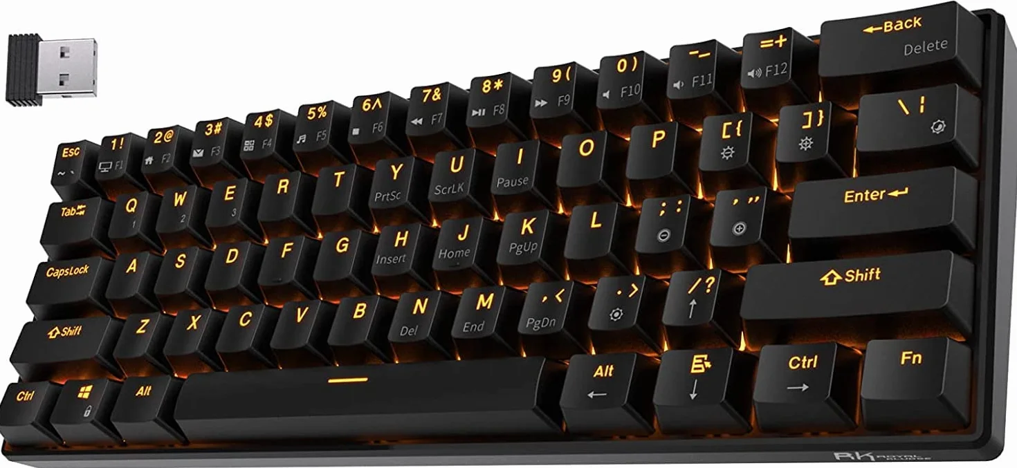 RK ROYAL KLUDGE RK61 bezprzewodowa klawiatura mechaniczna Bluetooth, 60% potrójny tryb, BT5.0/2,4G / USB-C, 61 klawiszy, kompaktowa, do gier z oprogramowaniem, czerwony przełącznik Hot Swap, czarna