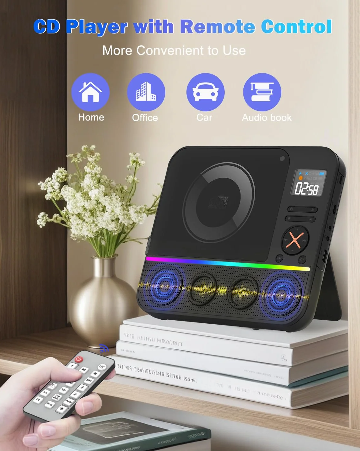 Przenośny odtwarzacz CD Bluetooth, Boombox, stacjonarny odtwarzacz CD z radiem FM Bluetooth i wyświetlaczem LED RGB z podwójnym wbudowanym głośnikiem, kompatybilny z USB/AUX do domowych przenośnych