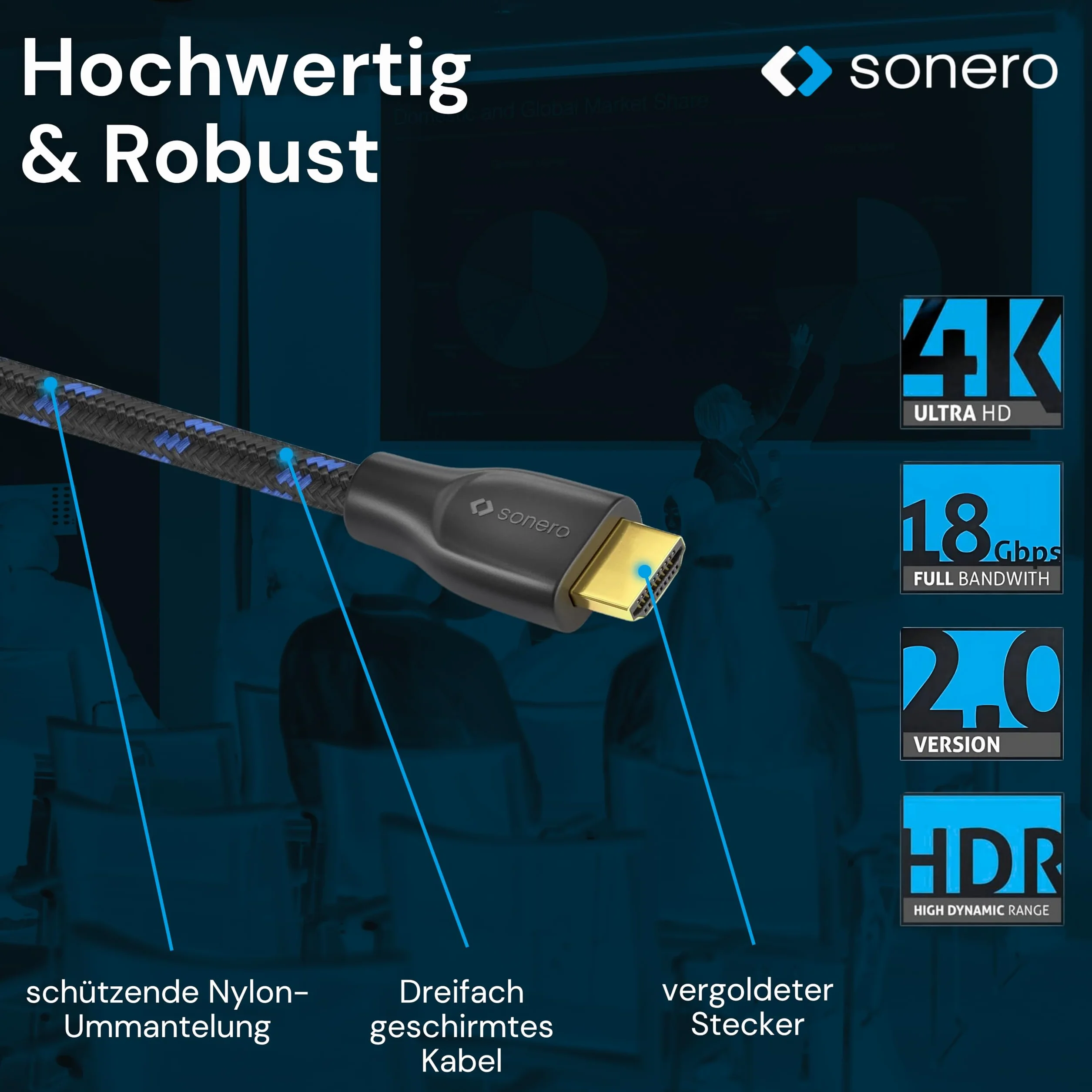 sonero PHC011-030 Premium certyfikowany kabel High Speed HDMI z Ethernetem z oplotem nylonowym, pozłacane złącza (4K UltraHD, 3D Full HD, 18 Gbps Full Bandwith, HDR High Dynamic Range), 3,0 m