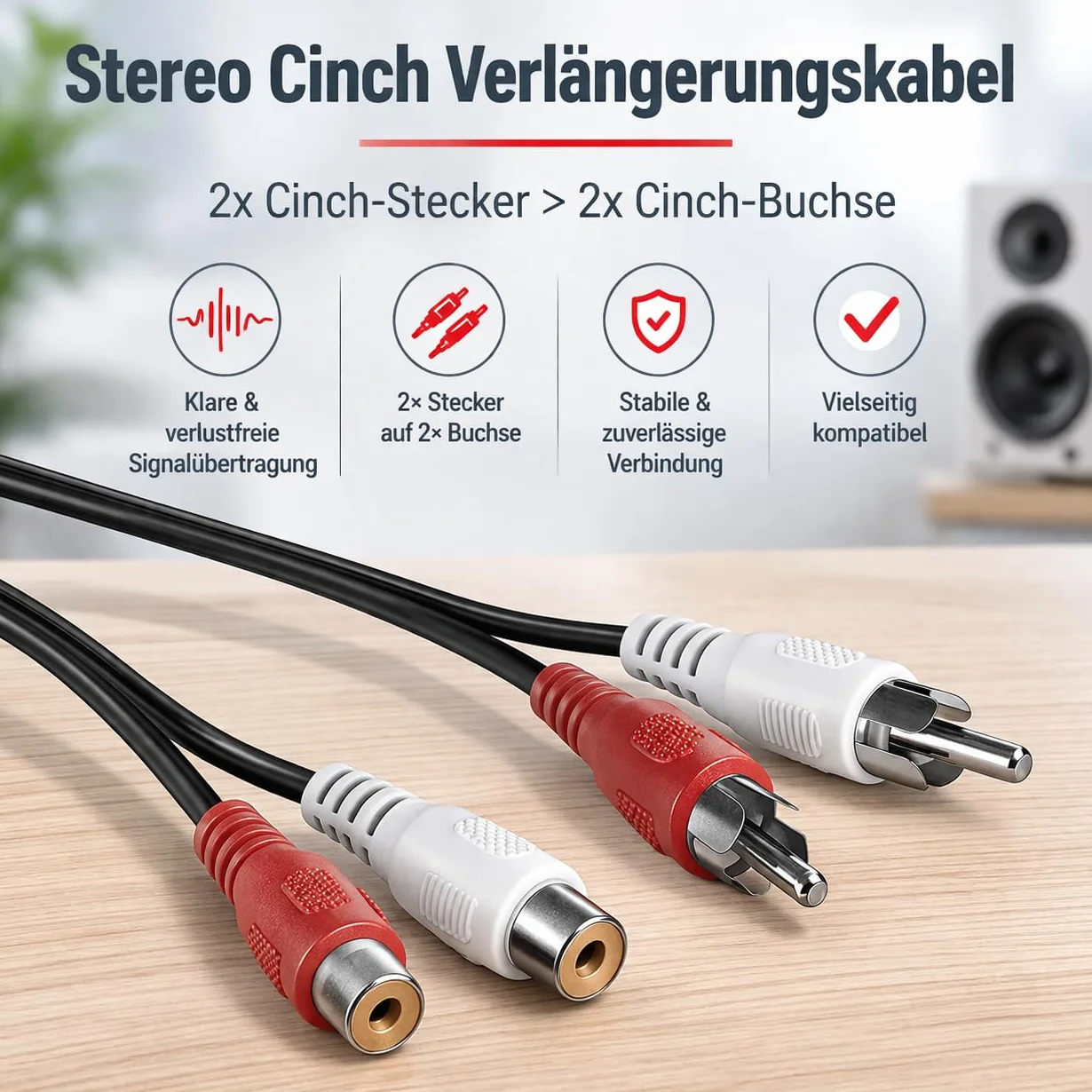 PerfectHD Kabel przedłużający cinch 5 m | kabel audio stereo | 2 x wtyczka na 2 x gniazdo | kabel cinch RCA, kabel przyłączeniowy, przedłużenie