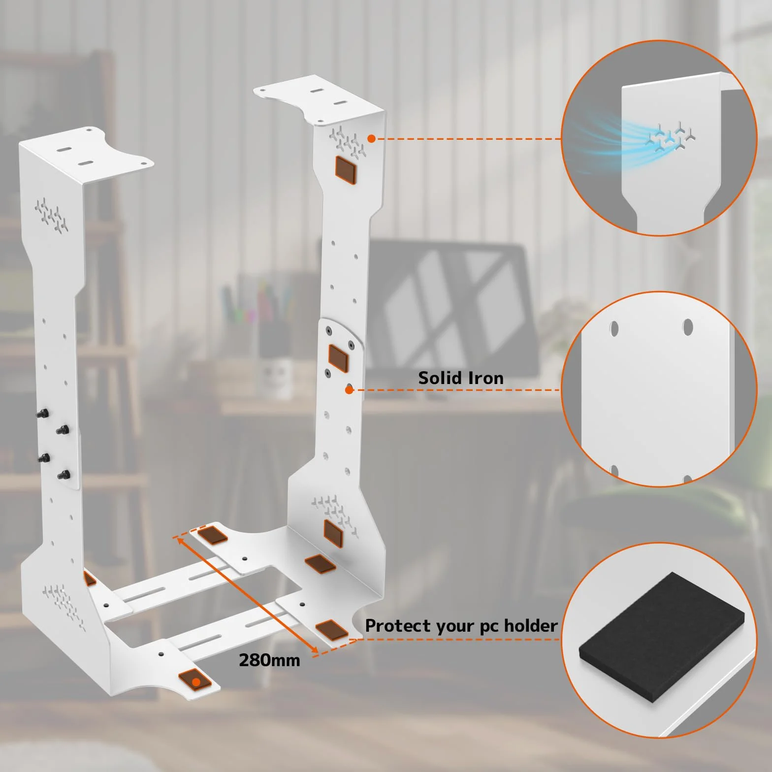 PUTORSEN Uchwyt pod biurko do komputera PC, maksymalna szerokość do 340 mm, nośność do 35 kg, uchwyt pod biurko do komputera PC z wyściółką ochronną, wytrzymała obudowa komputera,biały