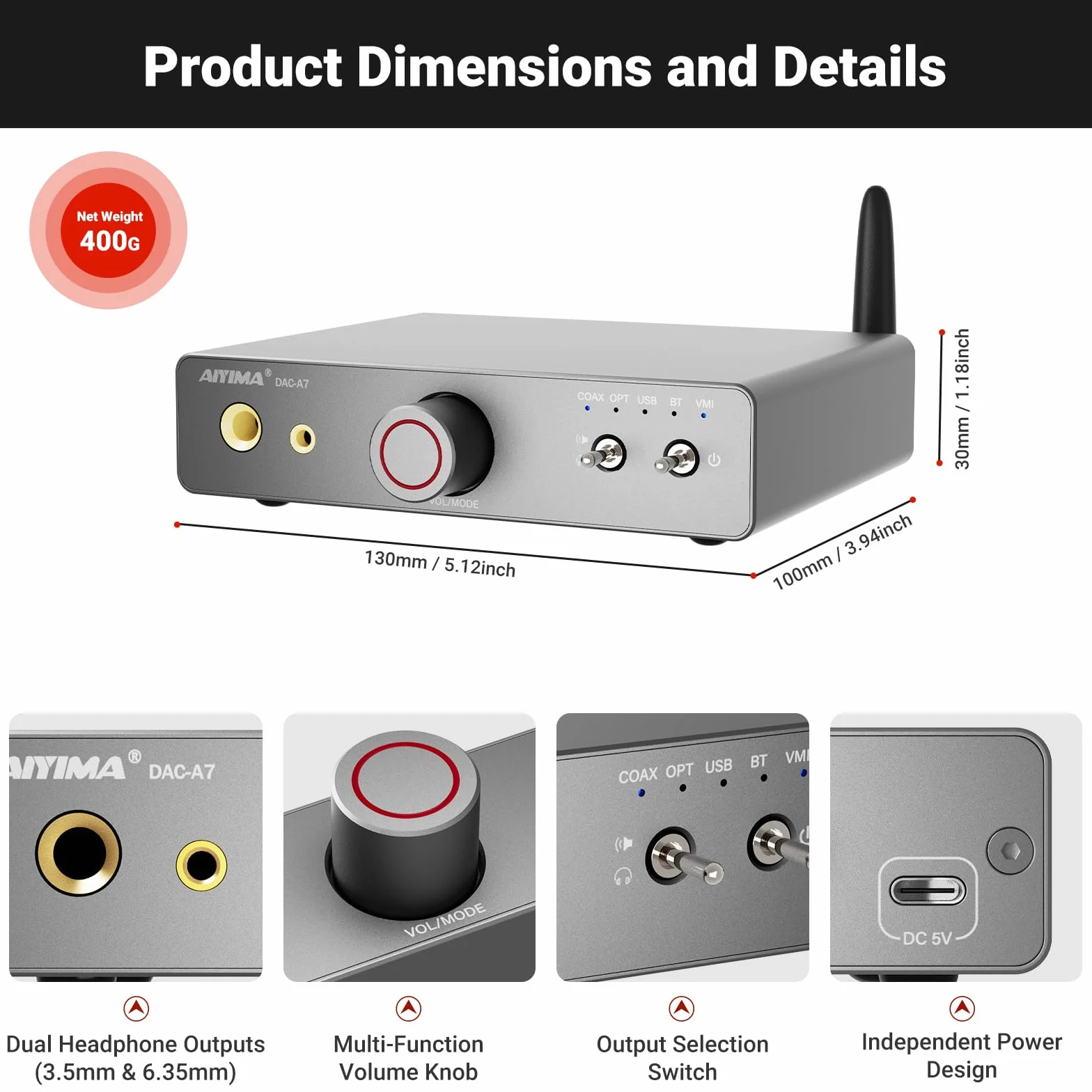 AIYIMA DAC A7 Bluetooth 5.4 dekodujący wzmacniacz słuchawkowy, HiFi, 3,5 mm + 6,35 mm, podwójne wyjście słuchawkowe, z ES9038Q2M DAC 24 bit 192 kHz obsługuje wejście USB/optyczne/koncentryczne