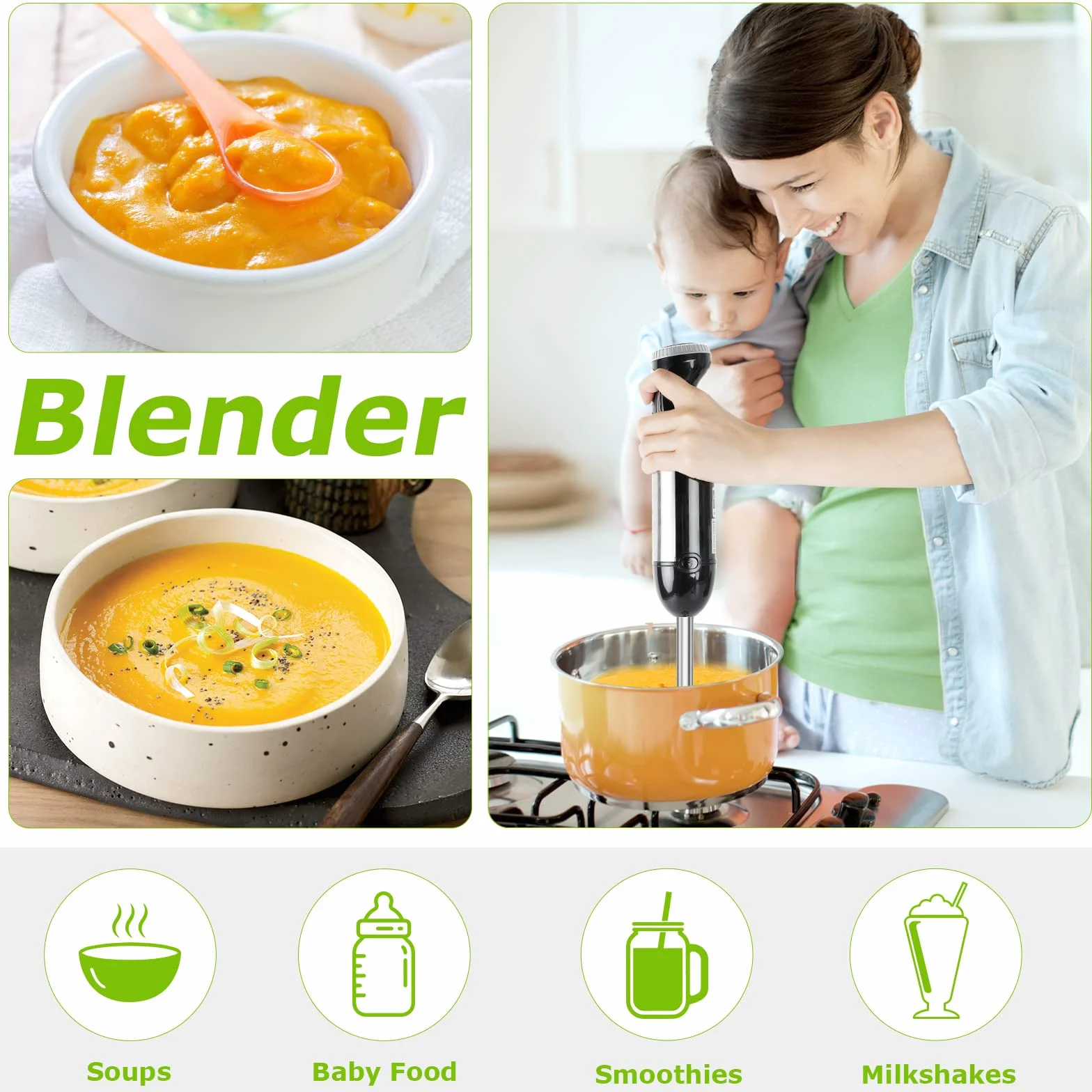 Bonsenkitchen HB3203 elektryczny blender immersyjny, blender ręczny 4 w 1, 1000 W, bezstopniowa prędkość, stal nierdzewna, trzepaczka, rozdrabniacz 500 ml i kubek z miarką 700 ml (czarny)