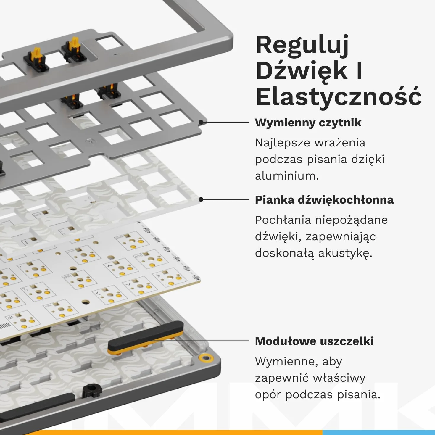 Glorious Gaming GMMK 3 PRO: klawiatura mechaniczna, compact 65%, aluminiowa obudowa i system uszczelek, przełączniki MX z hot swap, pianka dźwiękochłonna, amerykański QWERTY - Srebrna