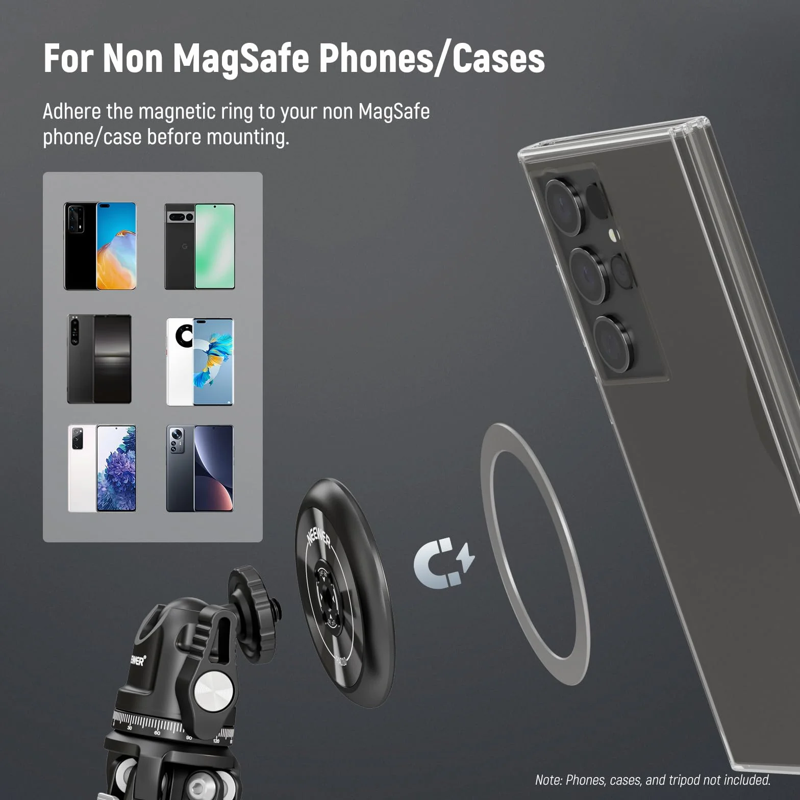 NEEWER Magnetyczny uchwyt na statyw do telefonu komórkowego, adapter z samoprzylepnym pierścieniem magnetycznym, kompatybilny z MagSafe iPhone 15 Pro Max 15 Plus 14 13 12, gwint 1/4" do filmów, kijek