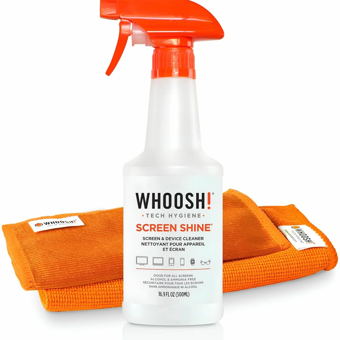 WHOOSH! Zestaw do czyszczenia ekranu wielokrotnego użytku - najlepszy do smartfonów, iPadów, okularów, Kindle, ekranu dotykowego i telewizorów - 1 butelkę 500 ml + (35 x 35 cm) szer.! Materiał