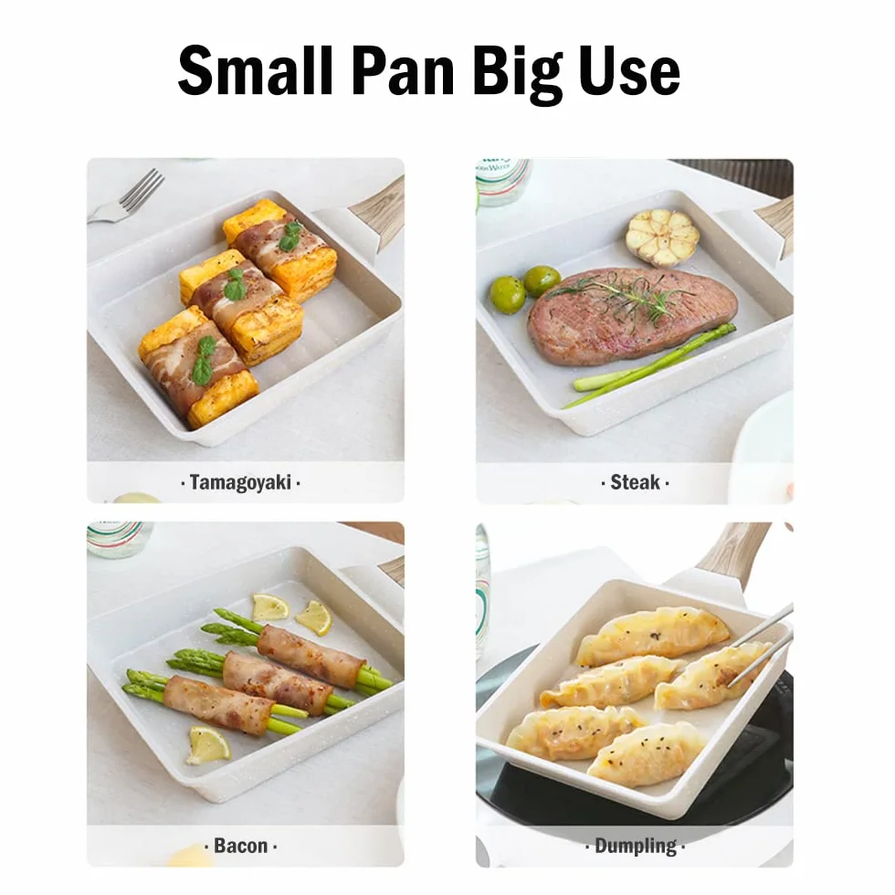 Japońska patelnia do omletów, nieprzywierająca patelnia Tamagoyaki, prostokątna, mała patelnia z silikonową szpatułką - biała