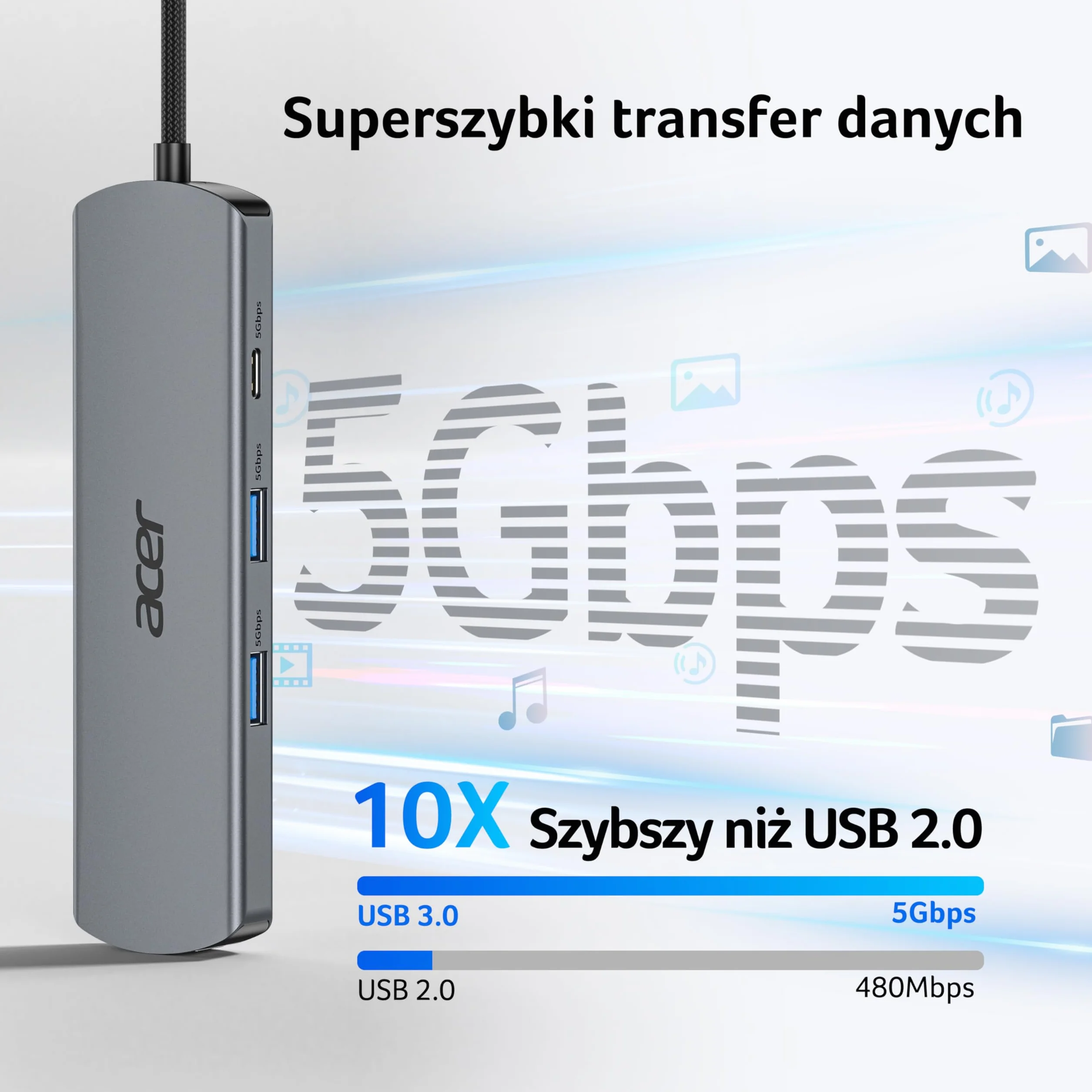 Acer Koncentrator USB C z Ethernetem 1000 Mbps, HDMI 4K@60Hz, 1×USB-C 5Gbps, 2×USB-A 3.0, Type-C 100W PD, Stacja Dokująca do iPhone 17/16, MacBook iPad Pro/Air, Mac mini M4, Surface, Galaxy S25 itp.