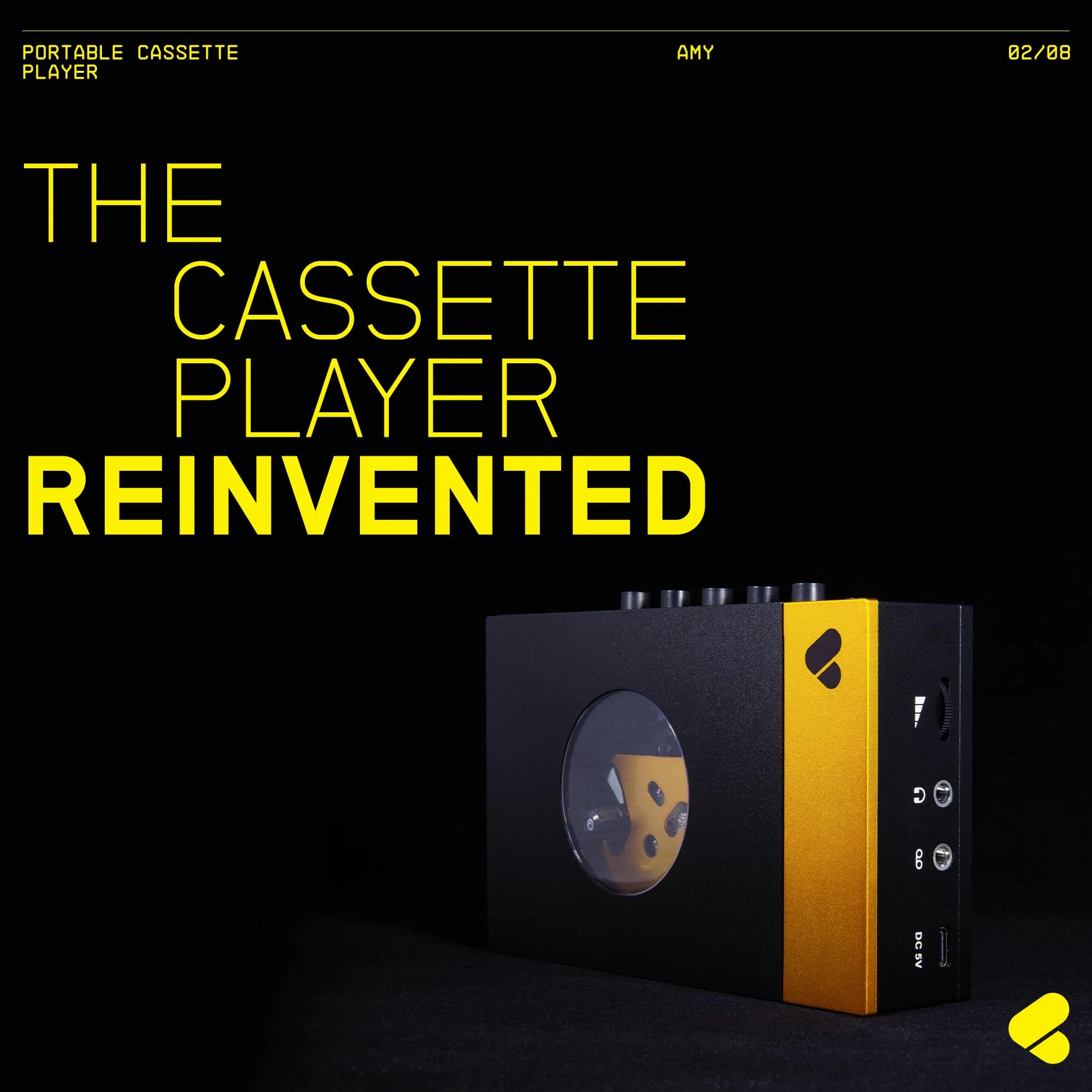 WeAreRewind Amy Tragbarer Kassettenspieler mit Bluetooth, Black Yellow (WE-001-BY1)