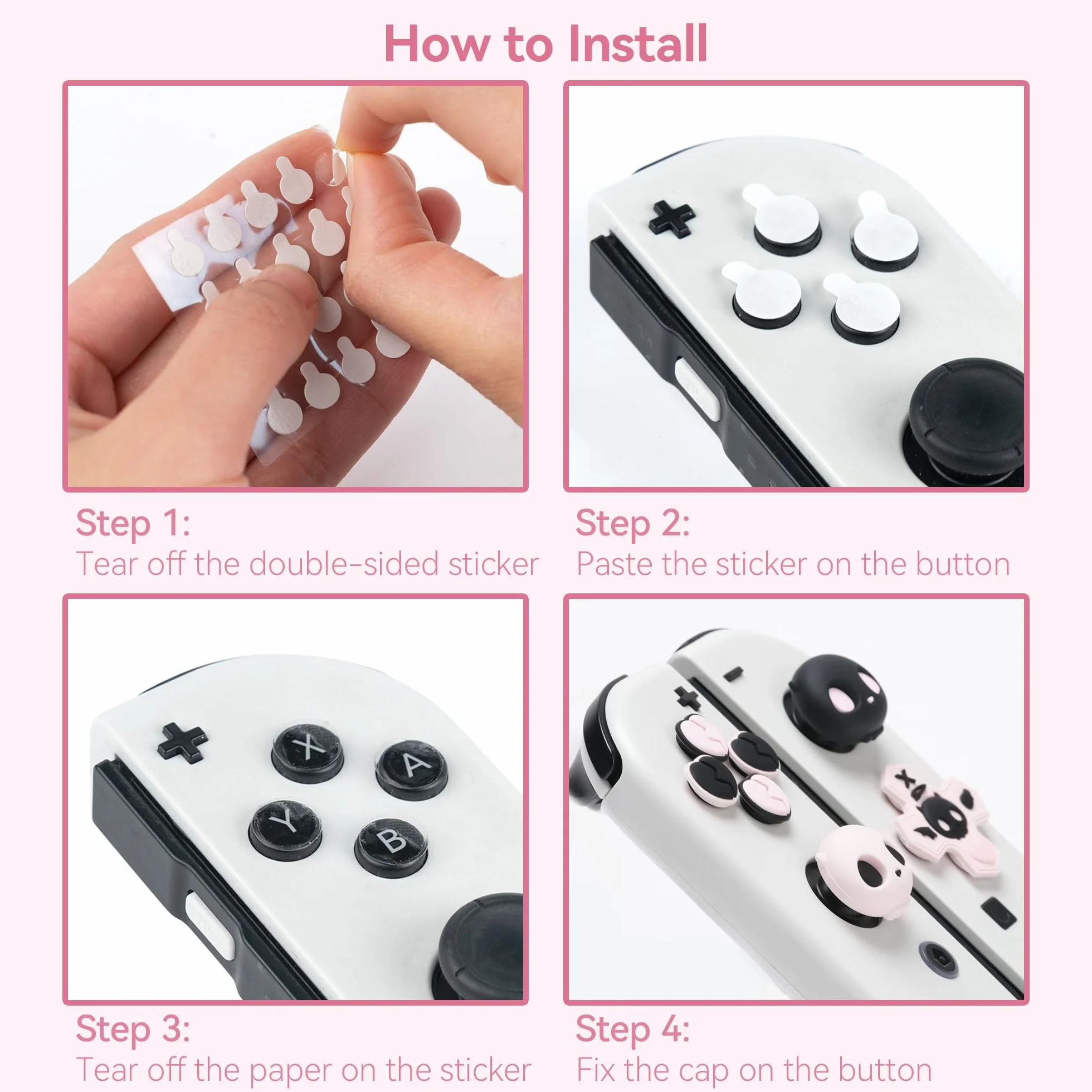GeekShare Silikonowe nakładki na przyciski krzyżowe D-Pad Zestaw osłon na joysticki - Śliczna naklejka na przyciski ABXY Kompatybilna z Switch/OLED - Słodka czaszka