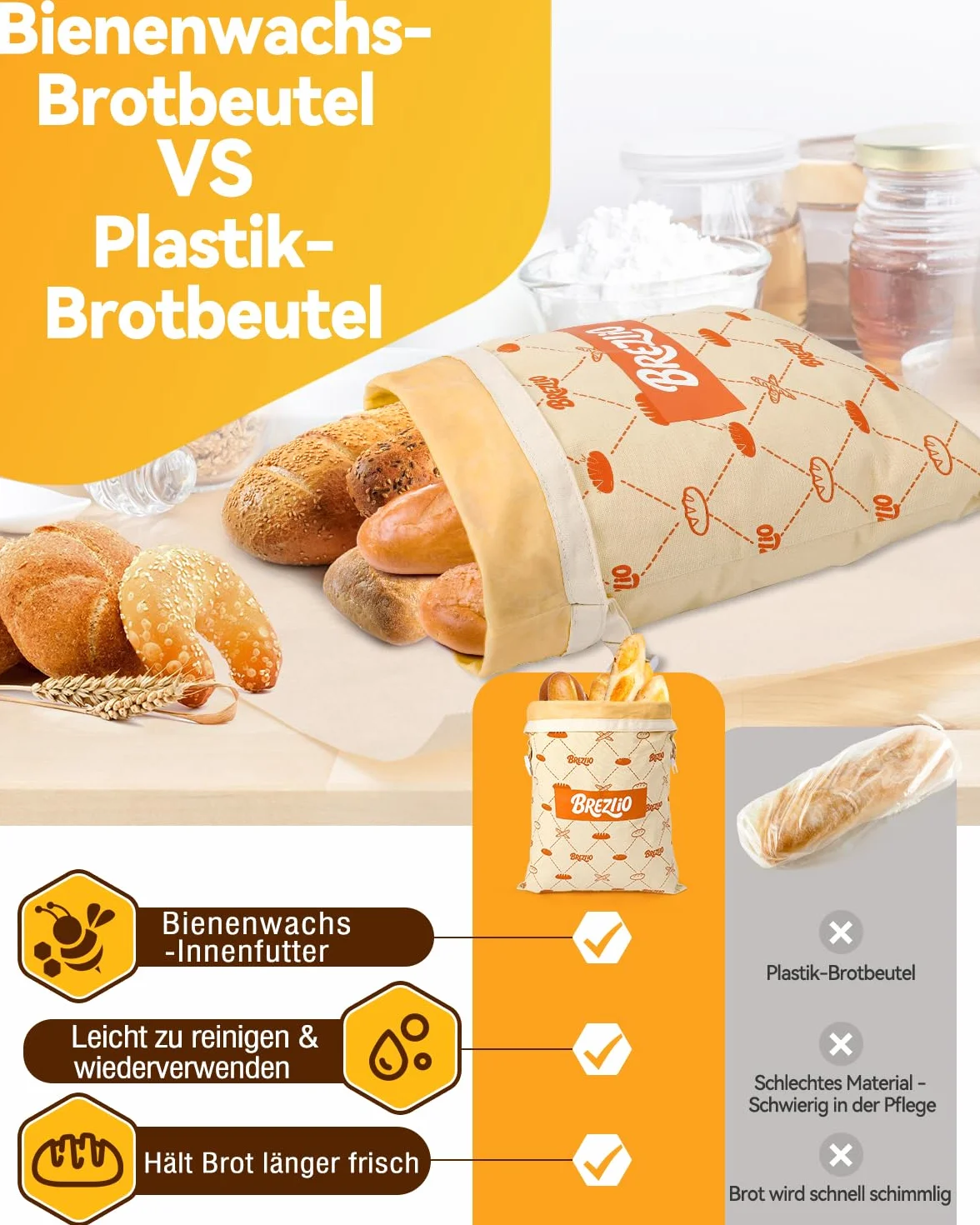 Wosk pszczeli, 2 sztuki – worki bawełniane wielokrotnego użytku, 32 × 43 cm, bardzo duże, do utrzymania świeżości chleba i wypieków (beżowy + pomarańczowy)
