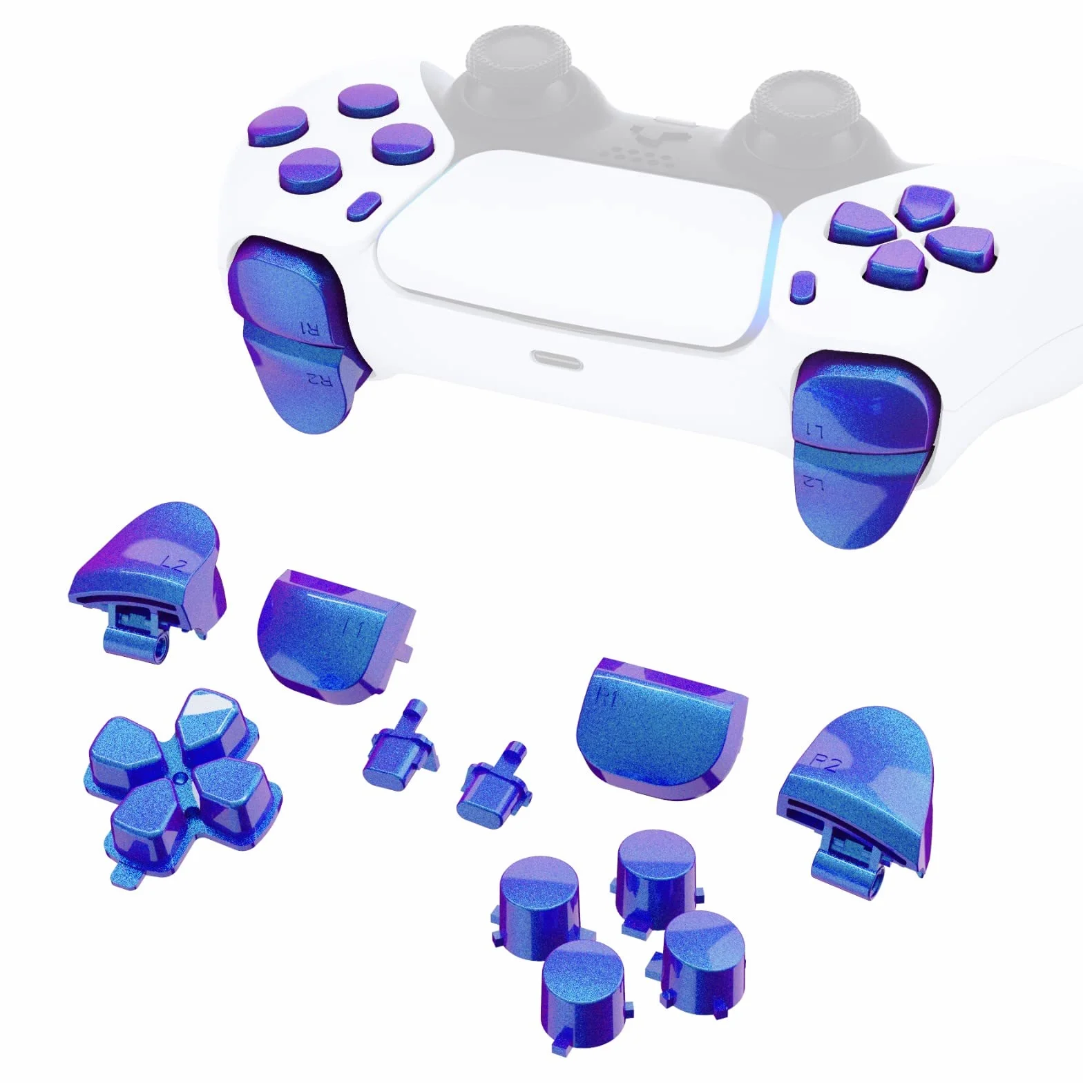 eXtremeRate Wymiana D-pad R1 L1 R2 L2 Wyzwalacze Opcje Udostępniania Przyciski Twarzy dla ps5 controller, Niestandardowe Przyciski Pełnego Zestawu Zestawy Naprawcze - Kameleon Fioletowy Niebieski