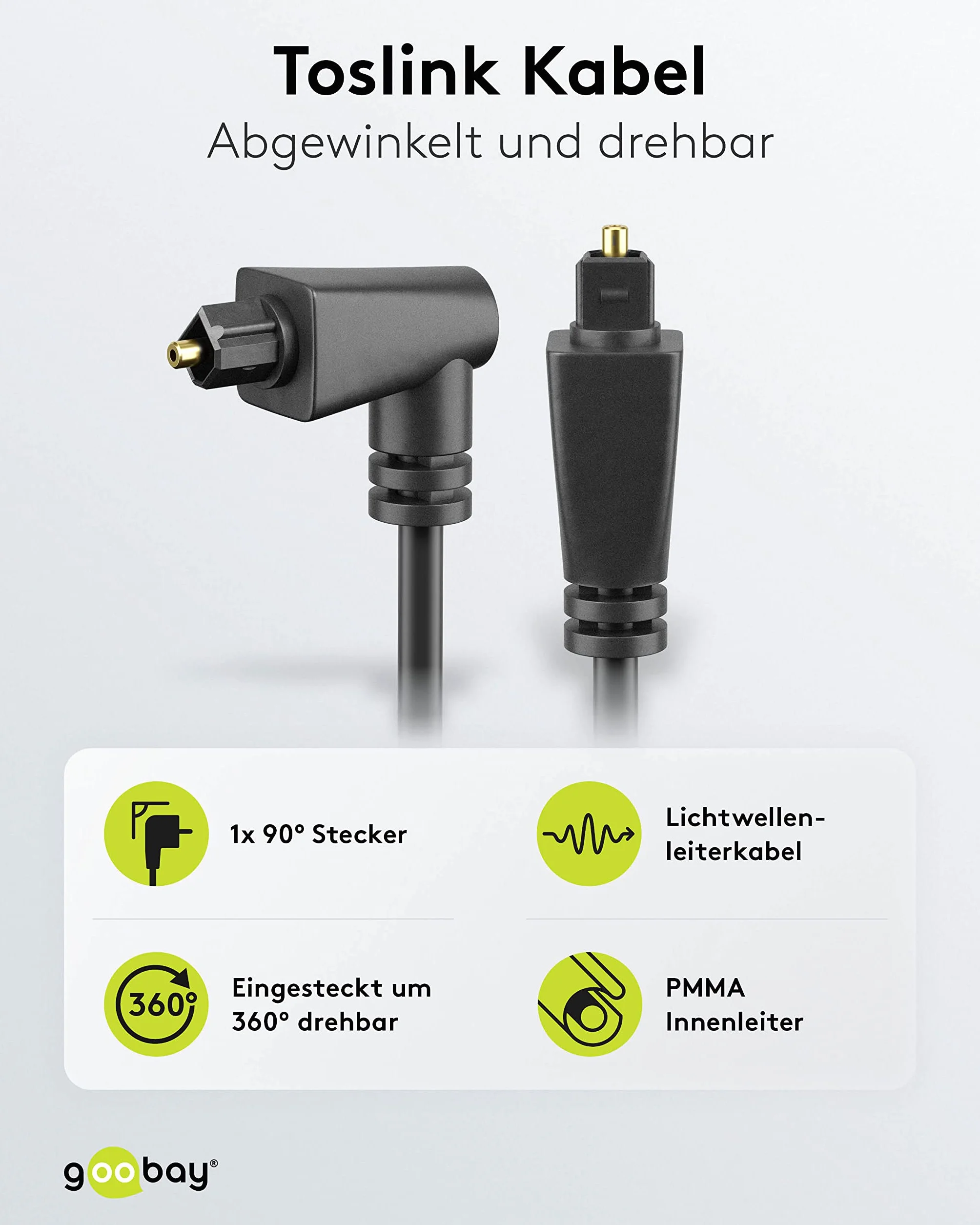 Goobay 41595 Toslink kabel wygięty pod kątem 90° (wtyczka obracana o 360°), 2 metry, kabel światłowodowy jednostronnie wygięty, cyfrowy kabel audio o najlepszej jakości audio