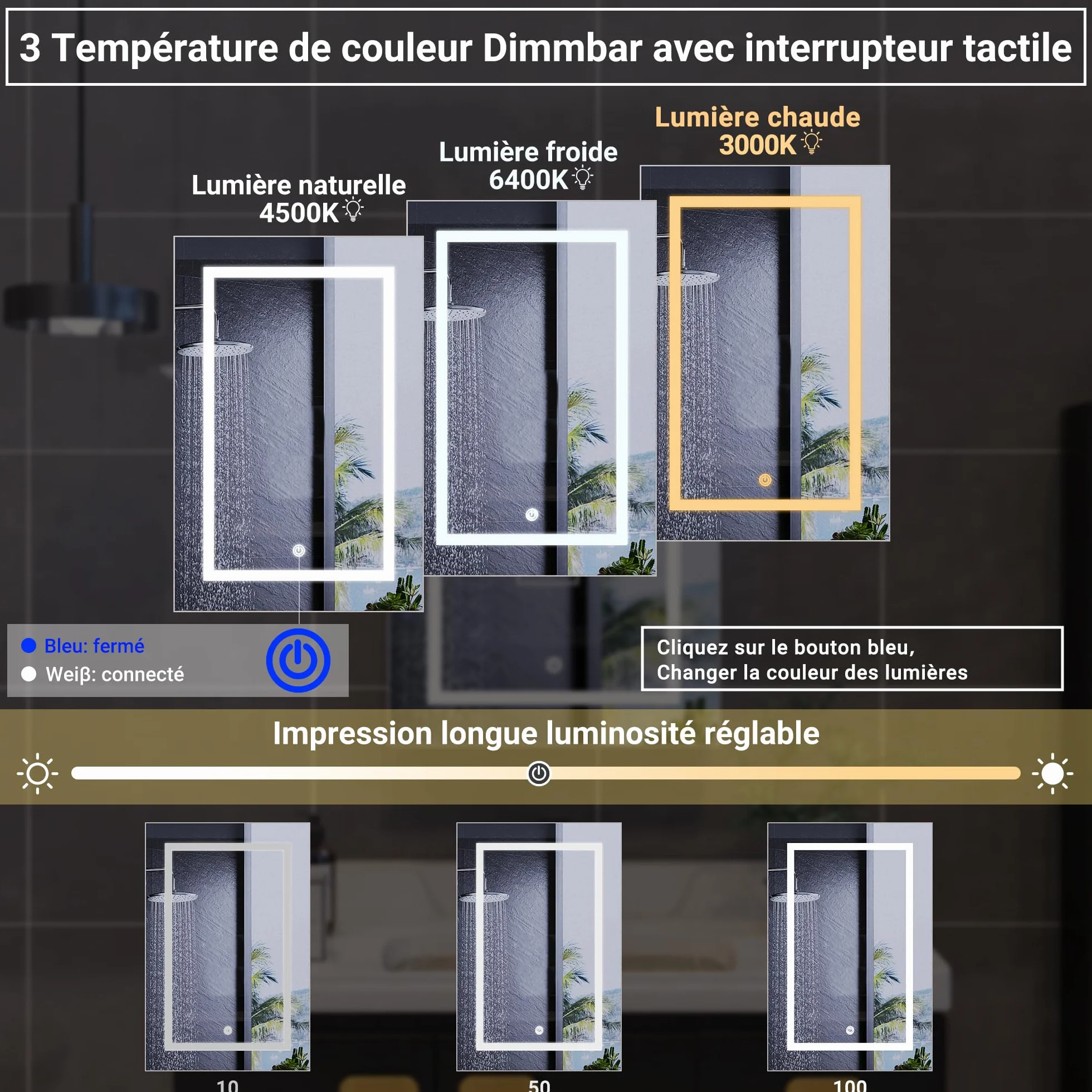 Szafka toaletowa z lustrem LED 50x70 cm ścienna łazienkowa 3 tryby oświetlenia przełącznik dotykowy