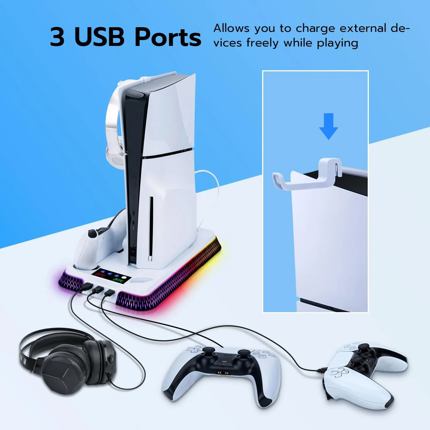 Wigearss Pionowa stacja chłodząca z wentylatorem PS5 Slim, ładowarką z dwoma kontrolerami i podświetleniem RGB dla PS5/PS5 Slim/PS5 Pro